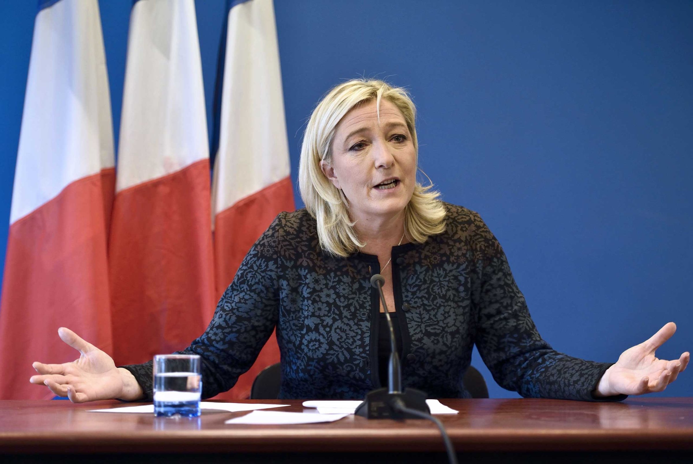 National Front president Marine Le Pen gives a press conference on Nov. 7, 2014 in Nanterre, near Paris.