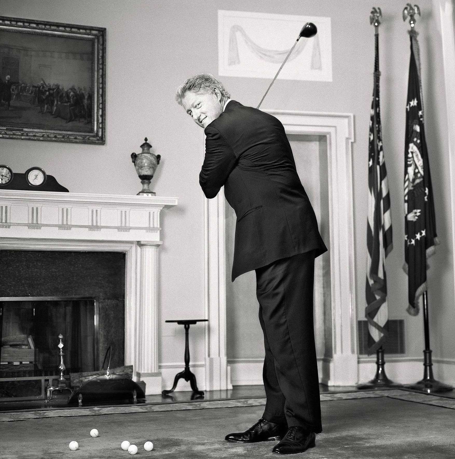 President Bill Clinton."It was definitely exciting, but also overwhelming and terrifying. I read up that he is a big golf fanatic. Researching pictures of Presidents, I came across all the ones of Kennedy in the Oval Office with his kids, and these beautiful pictures of the kids playing under the chairs — the idea that their offices become, to some extent, their living rooms. So I came up with the idea of him putting. We didn't have access to the Oval Office but we had the room right next to it. After I had done all my studio portraits, at the very end I said: 'Mr President would you mind putting a couple of golf balls for me?' And he said: 'Sure, but my golf clubs aren't here.' And I said: 'I have some right here!' I brought them. I handed them to him and he just did it. He was super charming and charismatic."