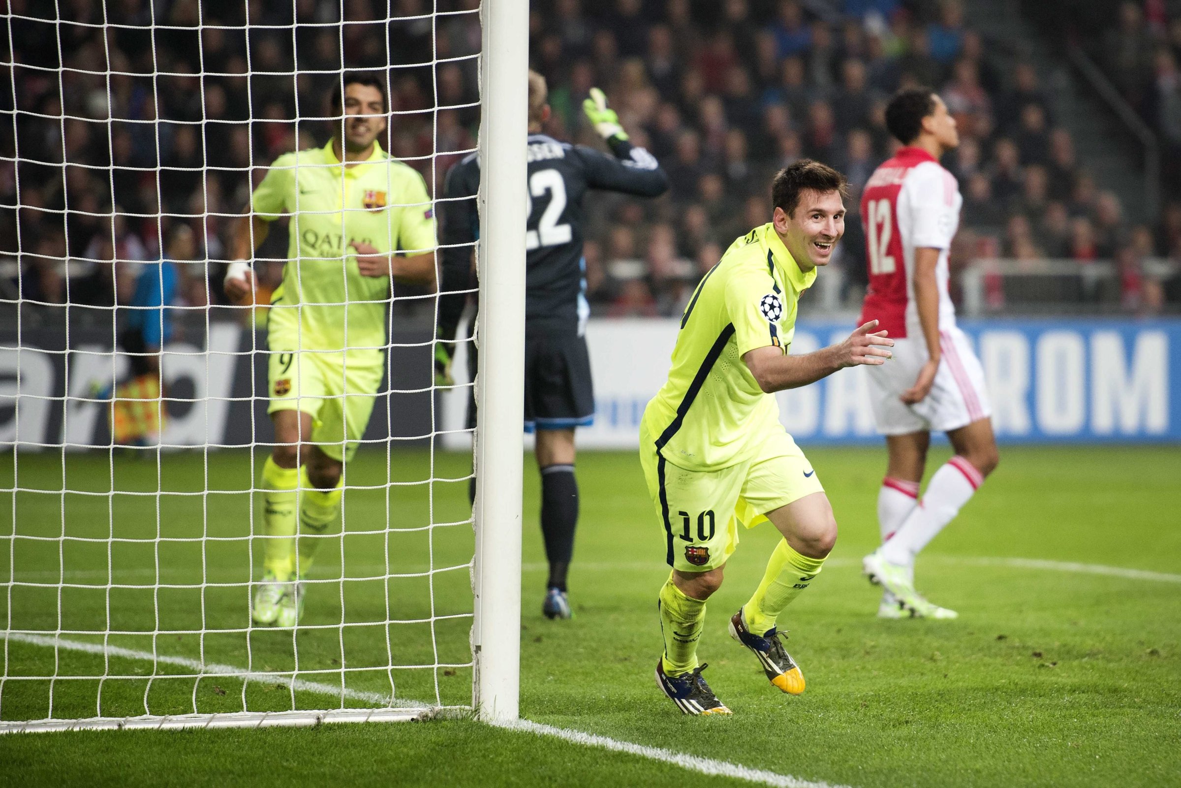 Ajax vs BarcelonaFC Barcelona Lionel Messi celebrates his 2-0 during the UEFA Champions League group F soccer match between Ajax Amsterdam and FC Barcelona in Amsterdam on Nov. 5, 2014.