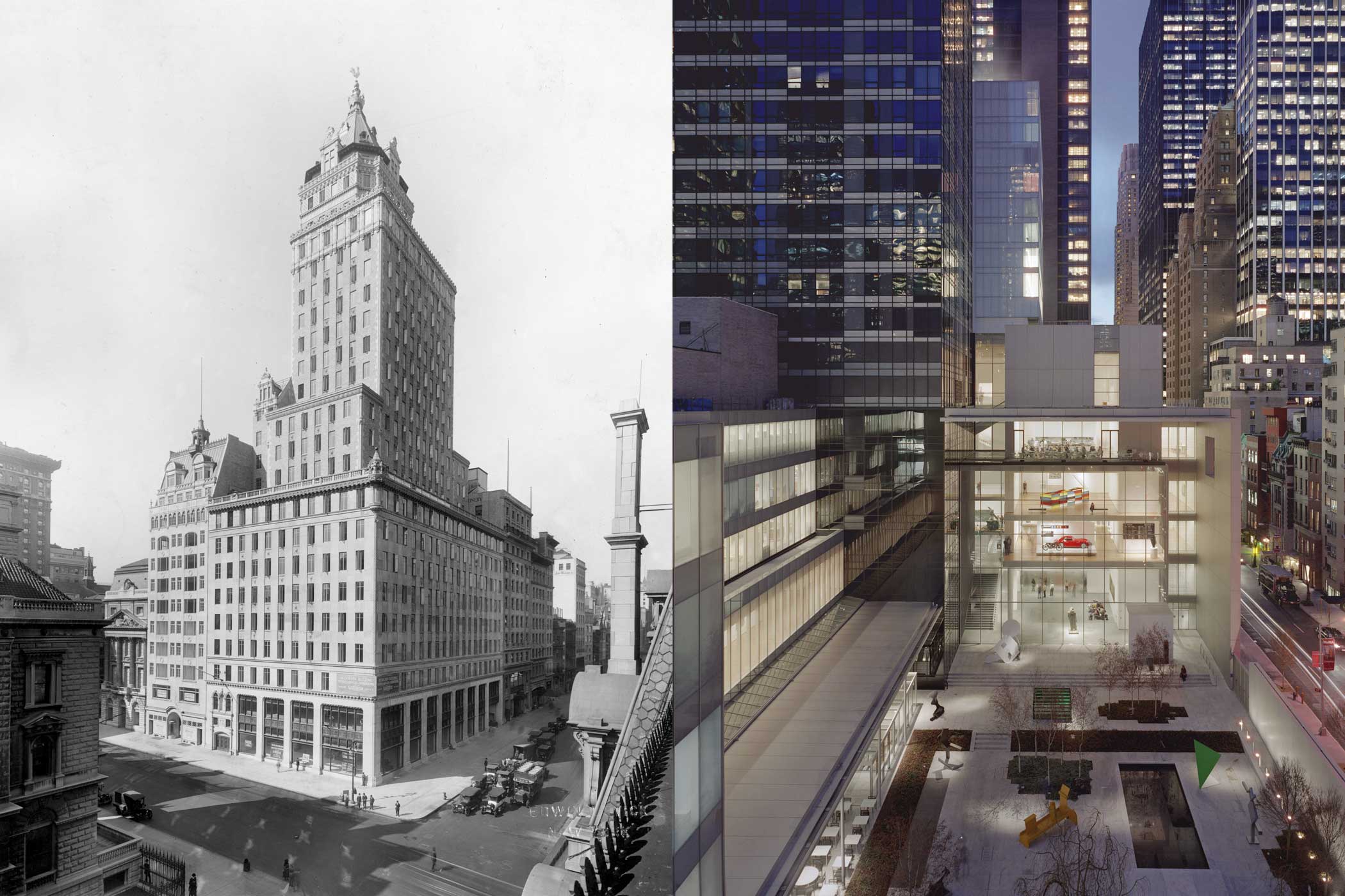 Left: The Heckscher building circa 1925; Right: The current day Museum of Modern Art and its outdoor sculpture garden. (Edwin Levick—Hulton Archive/Getty Images; Timothy Hursley—The Museum of Modern Art/AP)