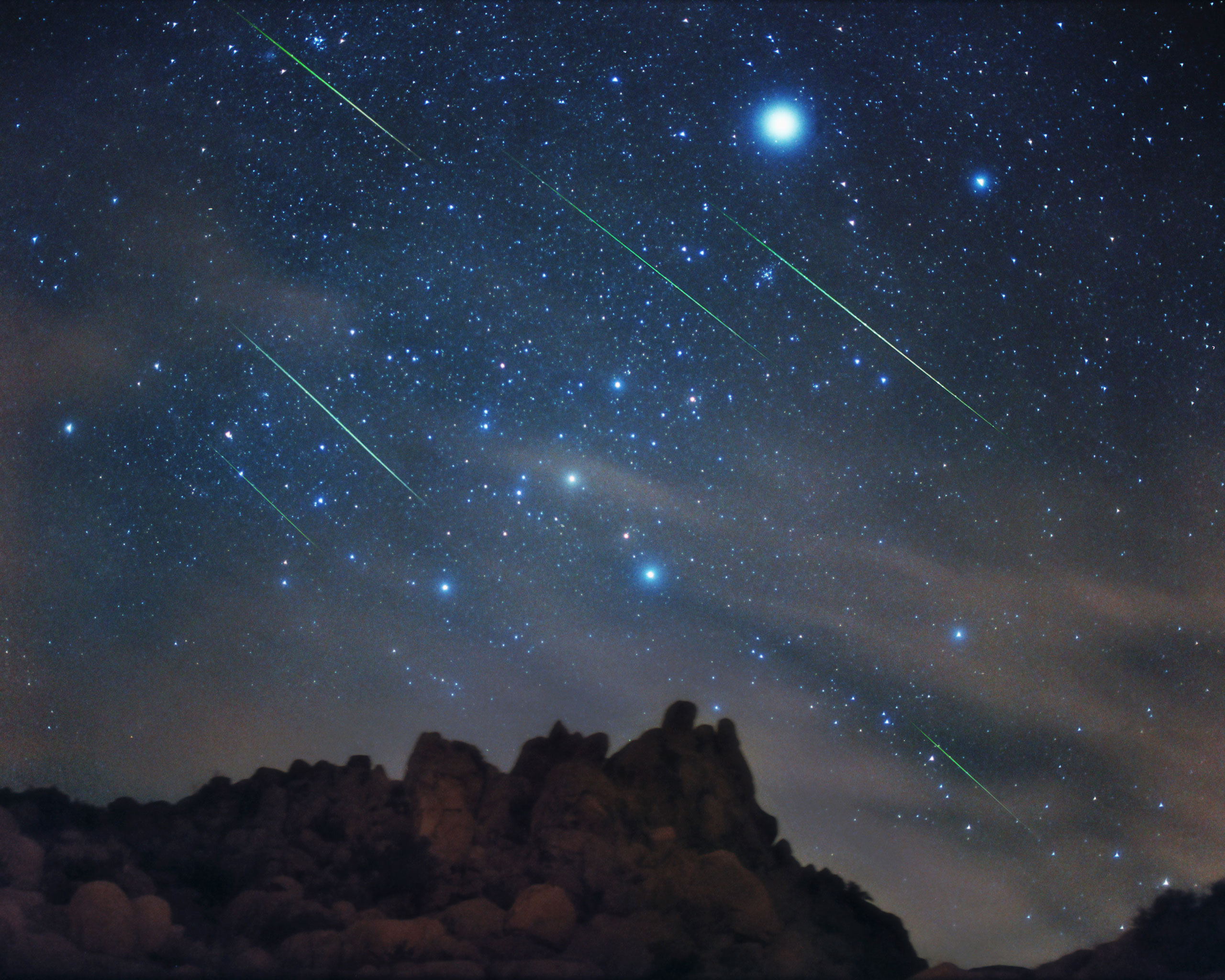 A multiple exposure of a Leonid meteor shower over Joshua Tree National Park.