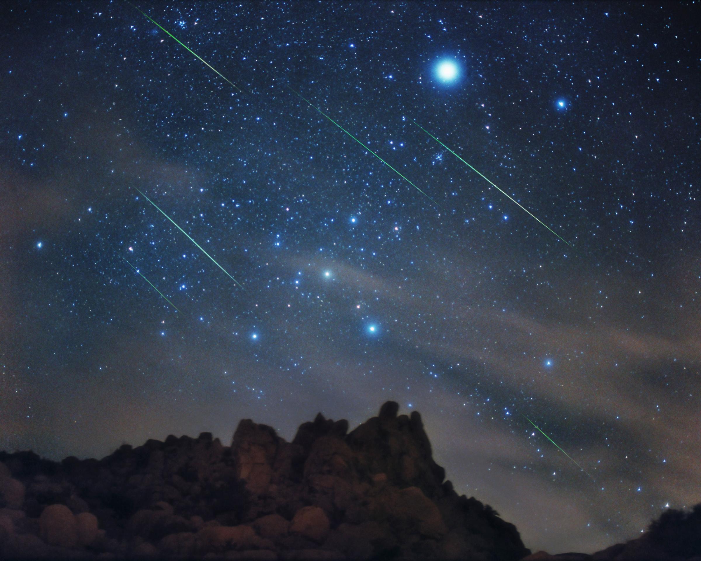 A multiple exposure of a Leonid meteor shower over Joshua Tree National Park.
