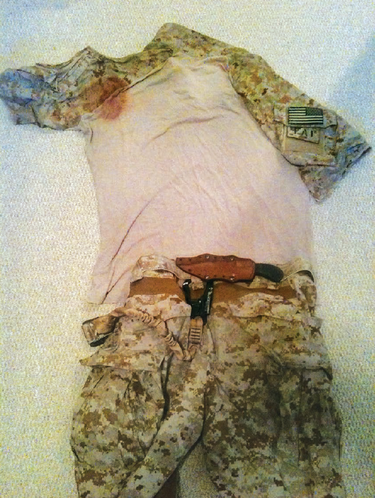 My camo uniform when I returned from the UBL raid. The blood on the upper left is where the bullet frag entered my shoulder.