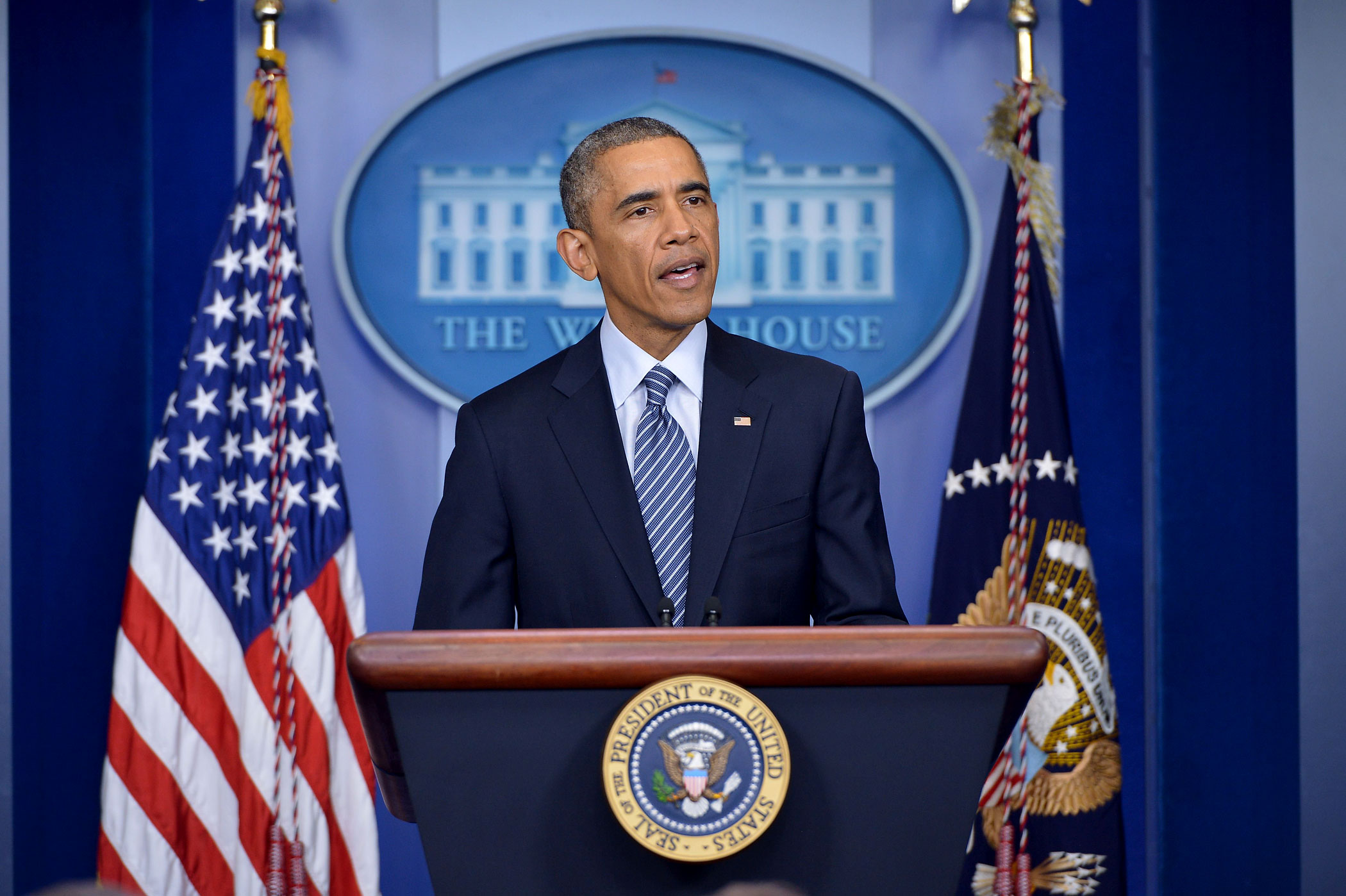 US President Barack Obama speaks following the announcement of the decision in the case of Ferguson police officer Darren Wilson for the shooting death of teenager Michael Brown, in the Brady Briefing Room of the White House on November 24, 2014 in Washington, DC. (Mandel Ngan—AFP/Getty Images)