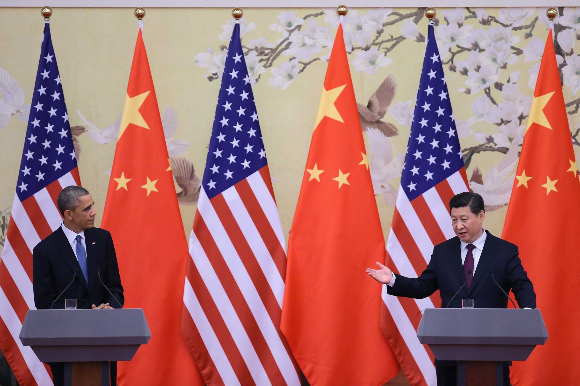 President Barack Obama and Chinese President Xi Jinping attend a press conference at the Great Hall of People on Nov. 12, 2014 in Beijing.