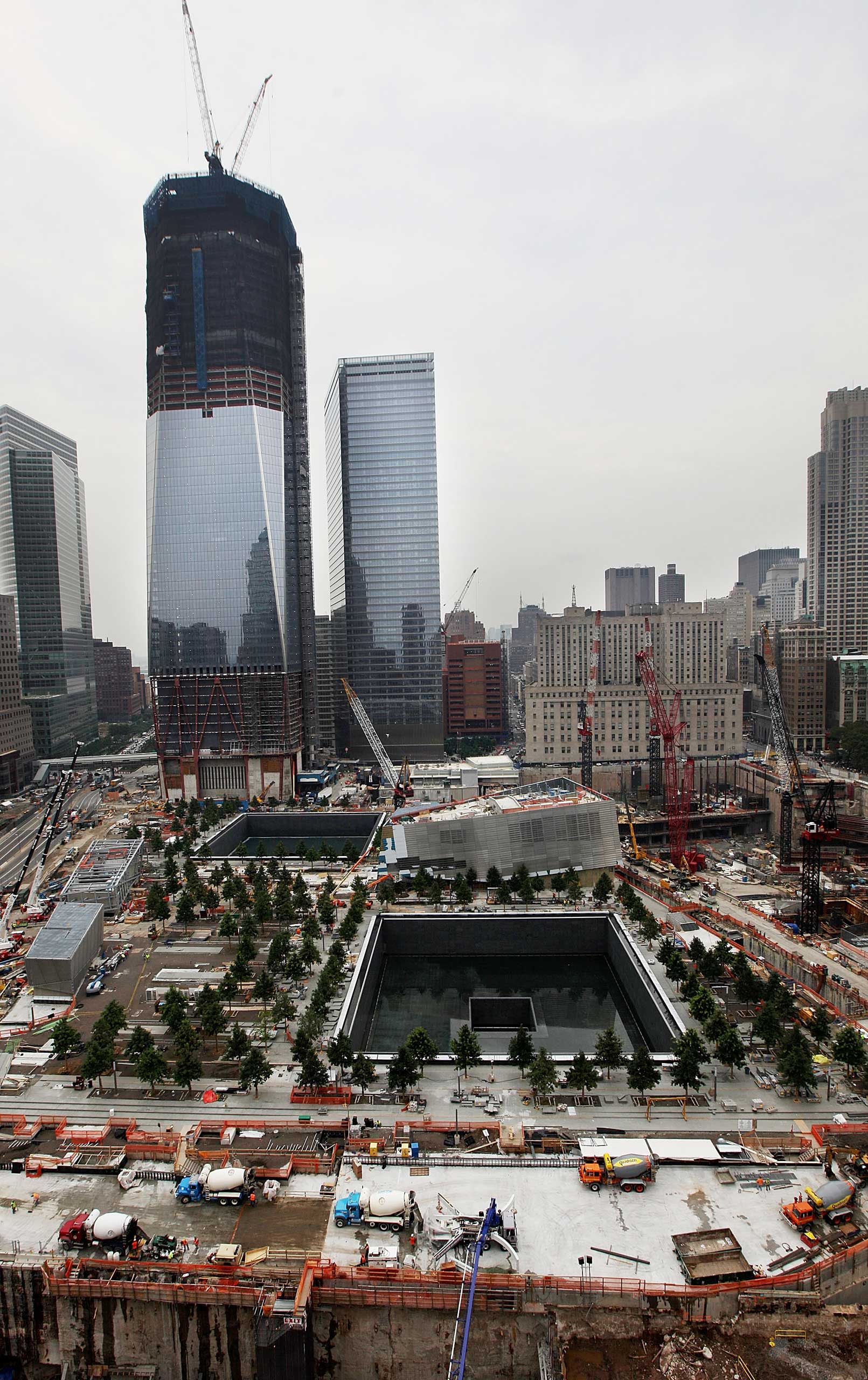 Construction continues on One World Trade Center and the National September 11 Memorial & Museum at the World Trade Center site on July 8, 2011.