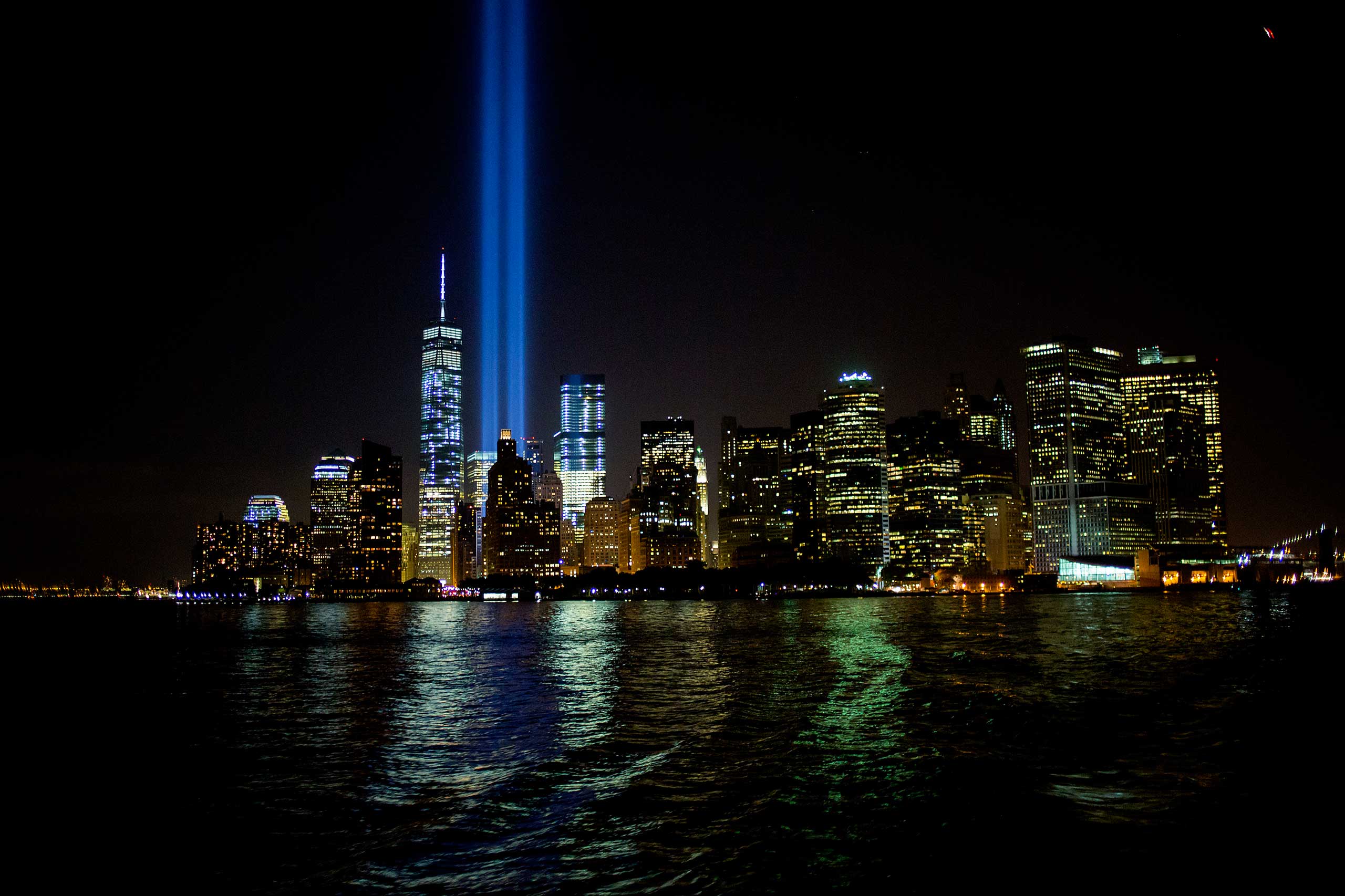 2014 The  Tribute in Lights  is seen next to One World Trade Center on Sept. 11, 2014 marking the 13th anniversary of the Sept. 11th terrorist attacks.