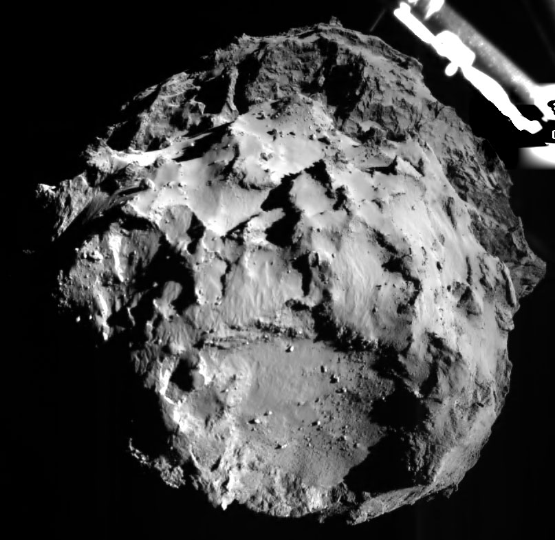 ROLIS's (Rosetta Lander Imaging System) first photo of Comet 67P, taken as Philae lander approached its touchdown on the comet's surface.