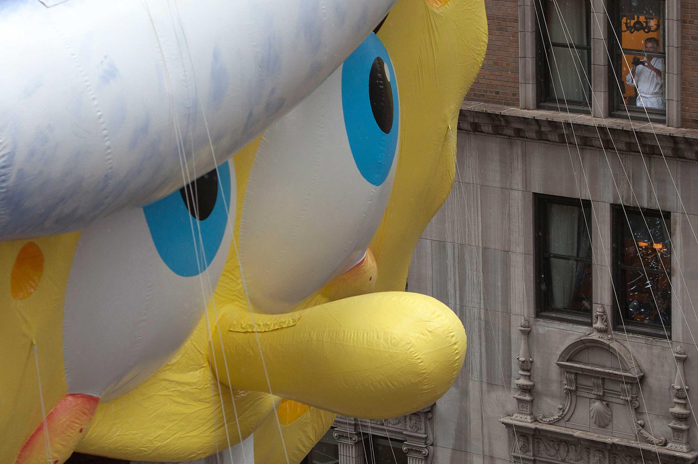 The Sponge Bob Squarepants float makes its way down 6th Ave during the Macy's Thanksgiving Day Parade in New York