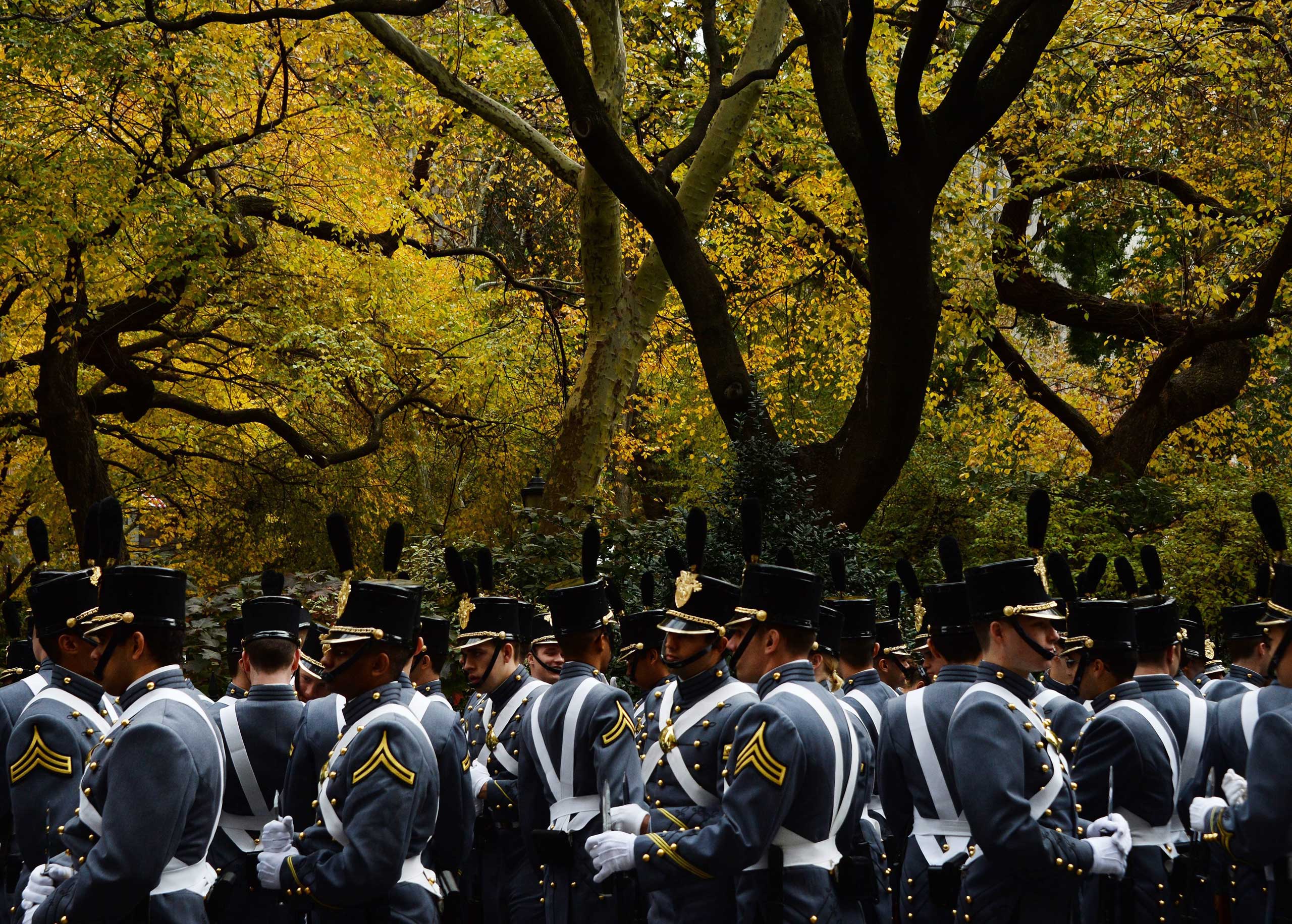 Nov. 11, 2014. Cadets from the U.S. Military Academy at West Point gather for the annual Veterans Day parade in New York City.