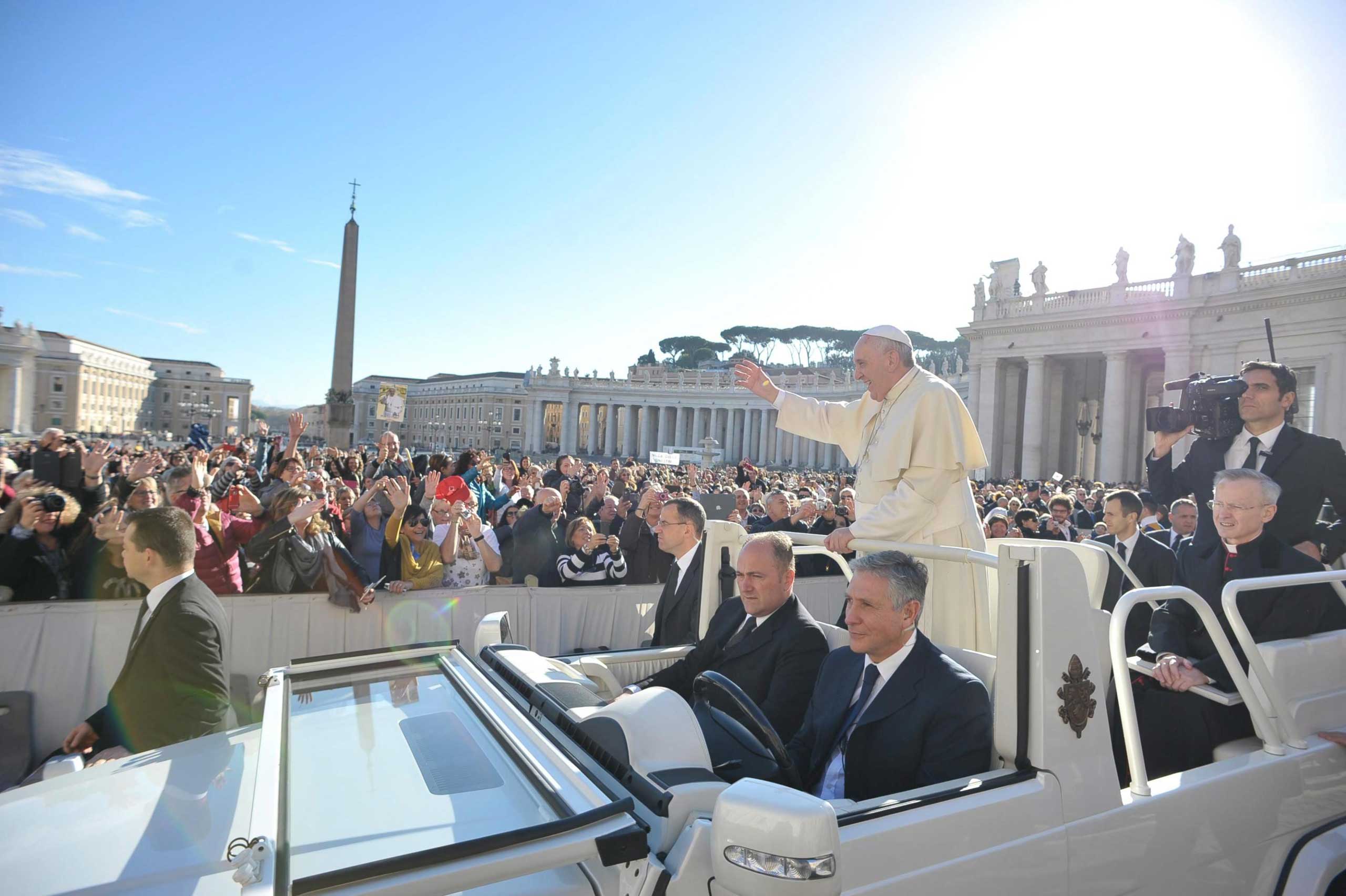 Pope Francis during his weekly general audience in St. Peter square, Vatican City, Nov. 19, 2014. (Osservatore Romano/EPA)