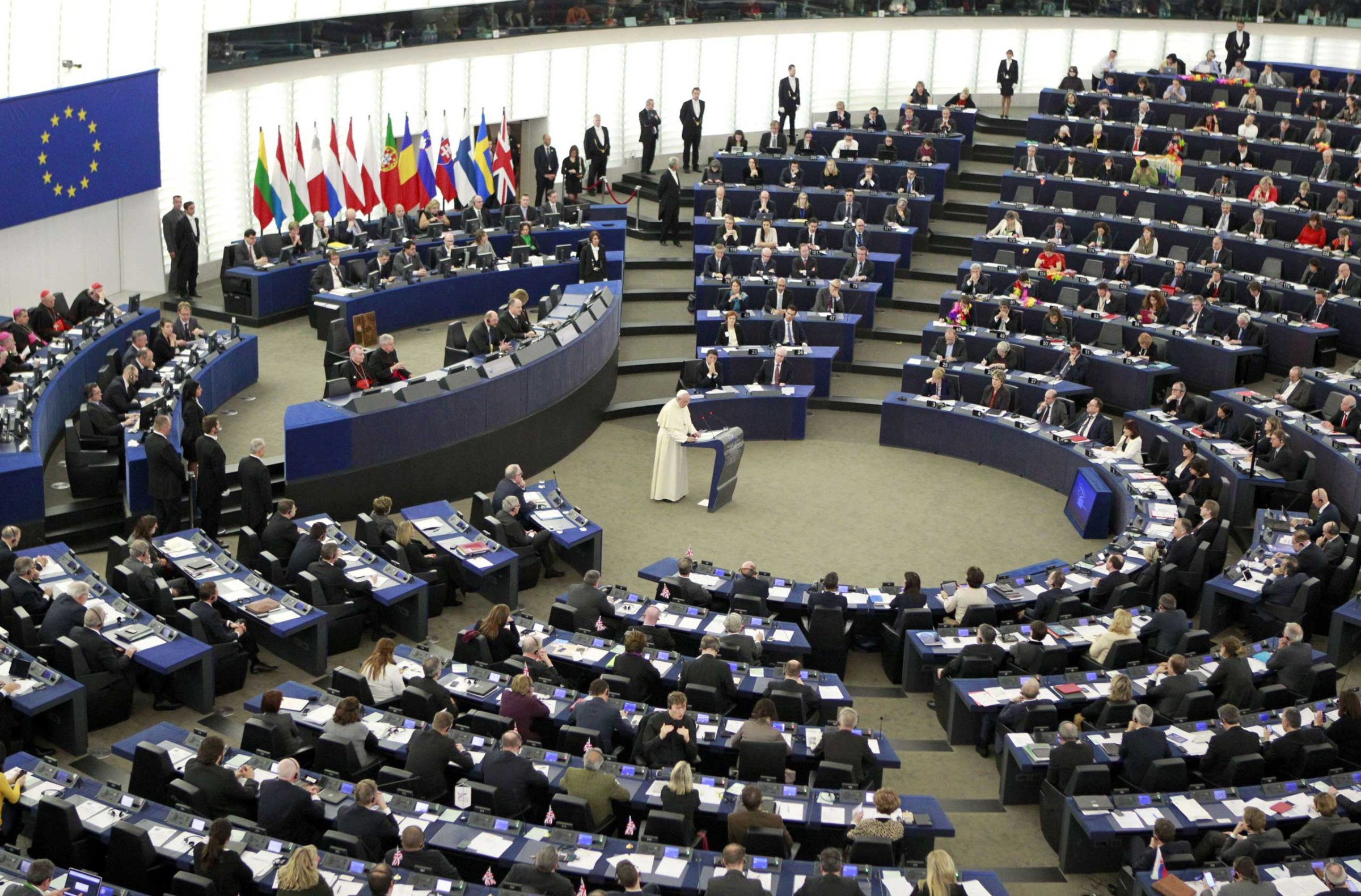 Pope Francis delivers his speech at the European Parliament in Strasbourg, eastern France, on Nov. 25, 2014.