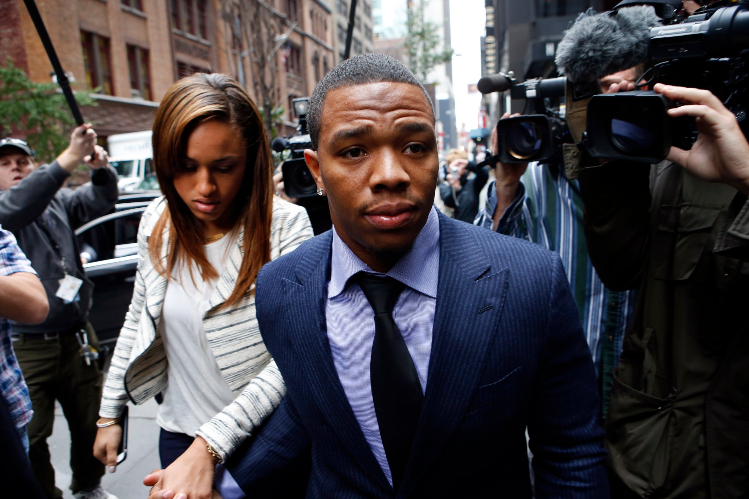 Ray Rice arrives with his wife Janay Palmer for an appeal hearing of his indefinite suspension from the NFL on Nov. 5, 2014, in New York.