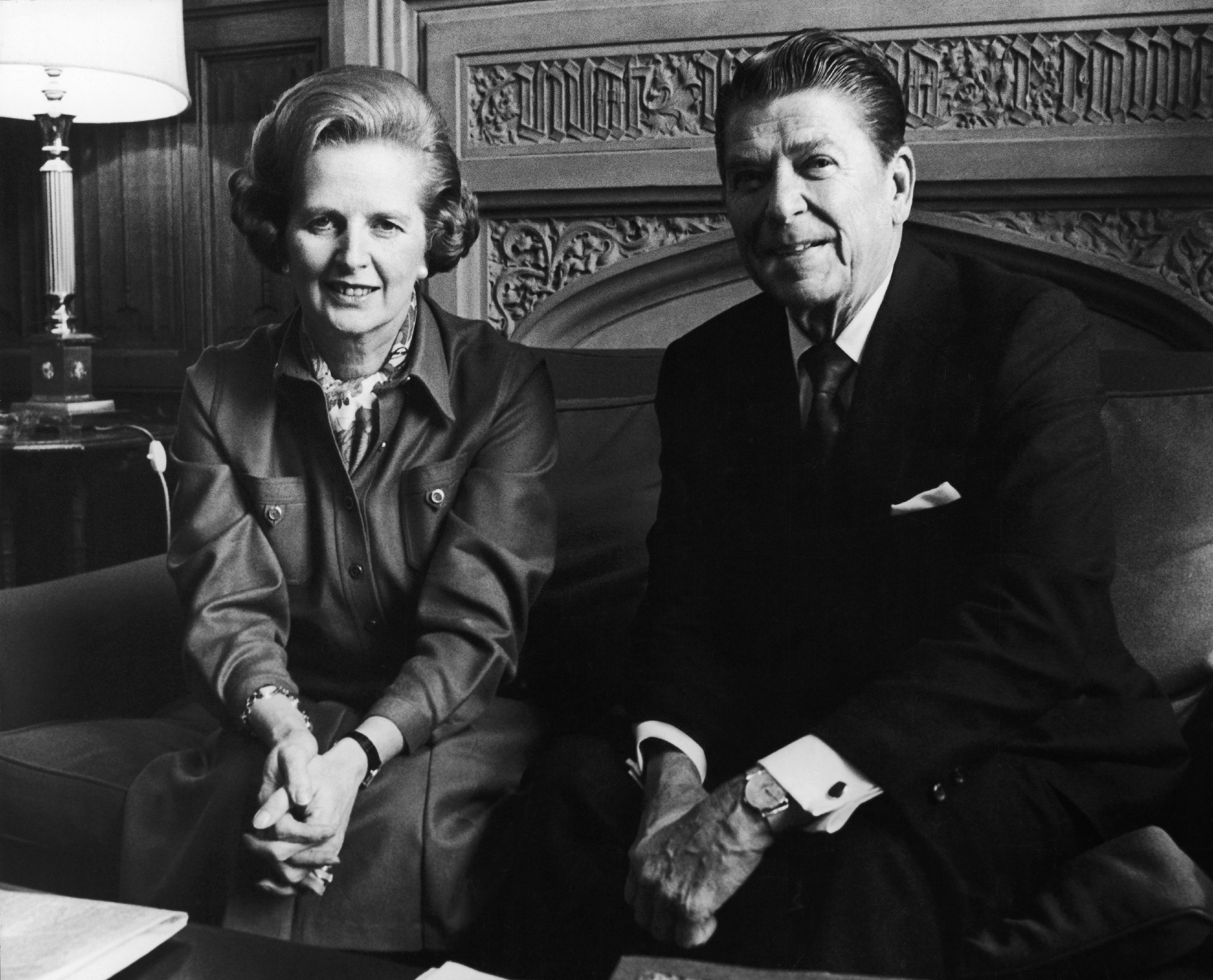 Margaret Thatcher the Head Of The British Conservative Party meets with President Ronald Reagan at The Chamber Of Communes In London on Nov. 28, 1978. (Gamma-Keystone/Getty Images)