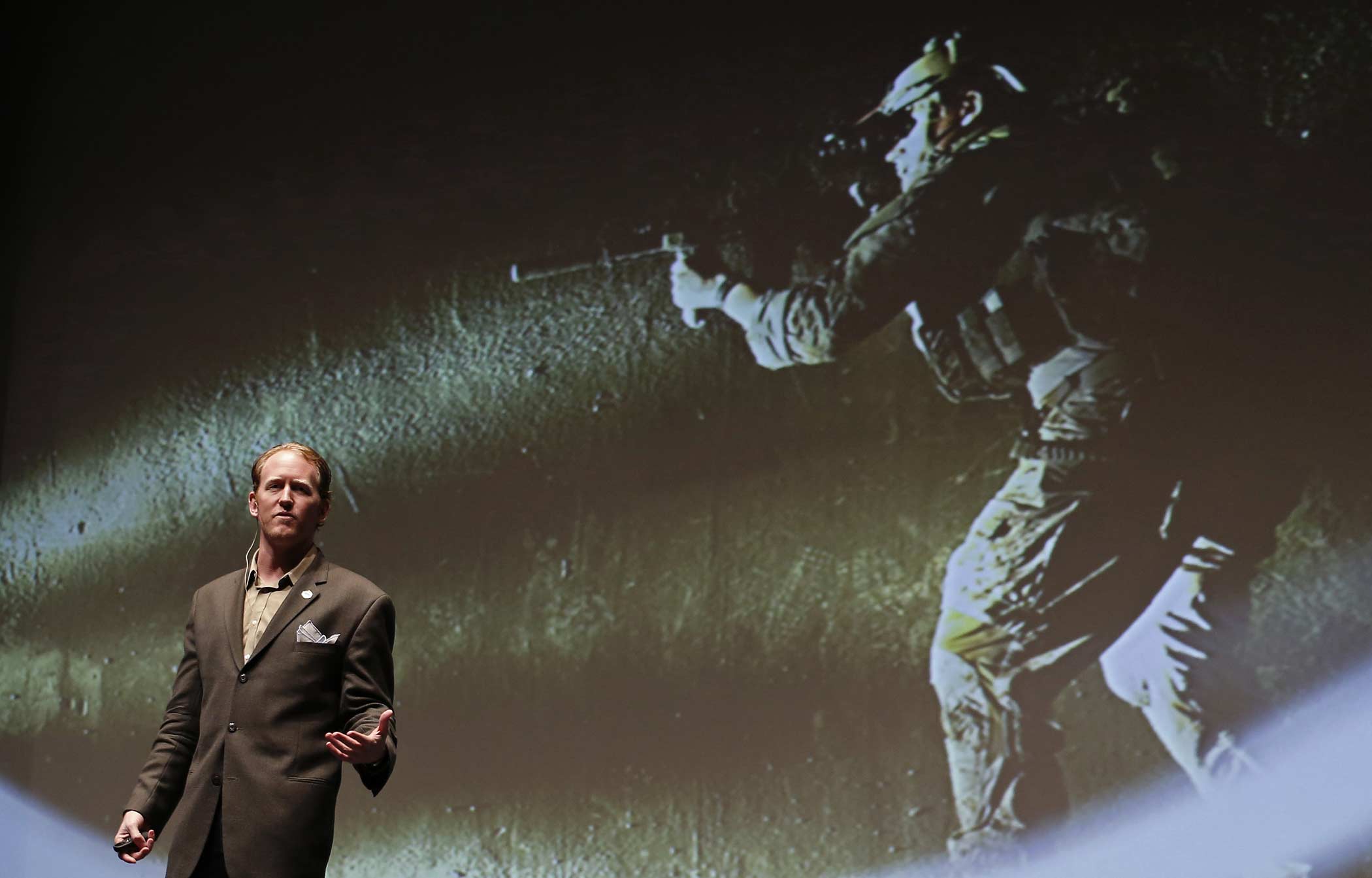 Robert O'Neill, a former U.S. Navy SEAL, speaks at the "Best of Blount" Chamber of Commerce awards ceremony at the Clayton Center for the Arts in Maryville, Tennessee, U.S., on Thursday, Nov. 6. (Luke Sharrett—Bloomberg/Getty Images)