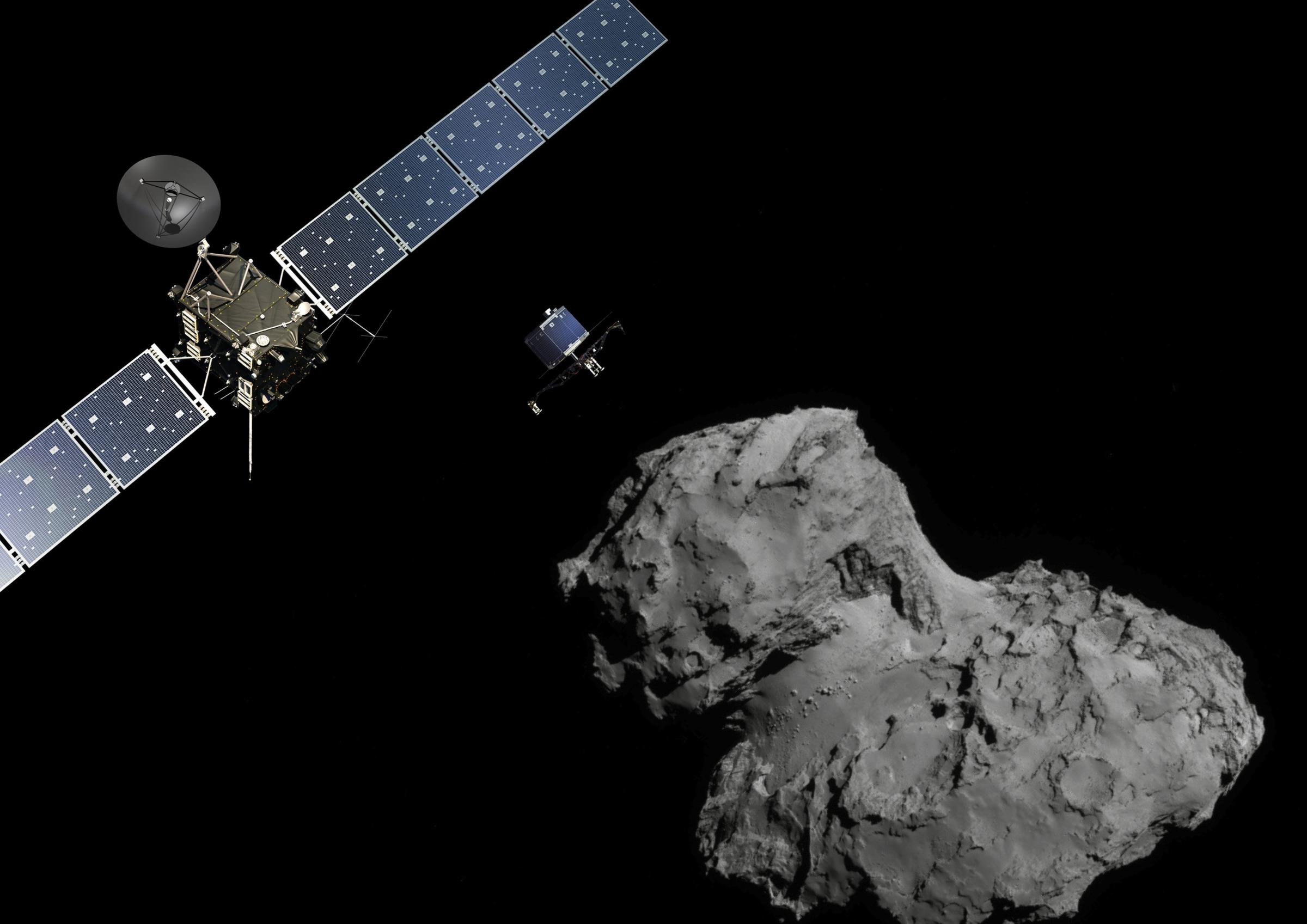 A photo illustration of the Rosetta probe and Philae lander above the 67P/Churyumov-Gerasimenko comet.