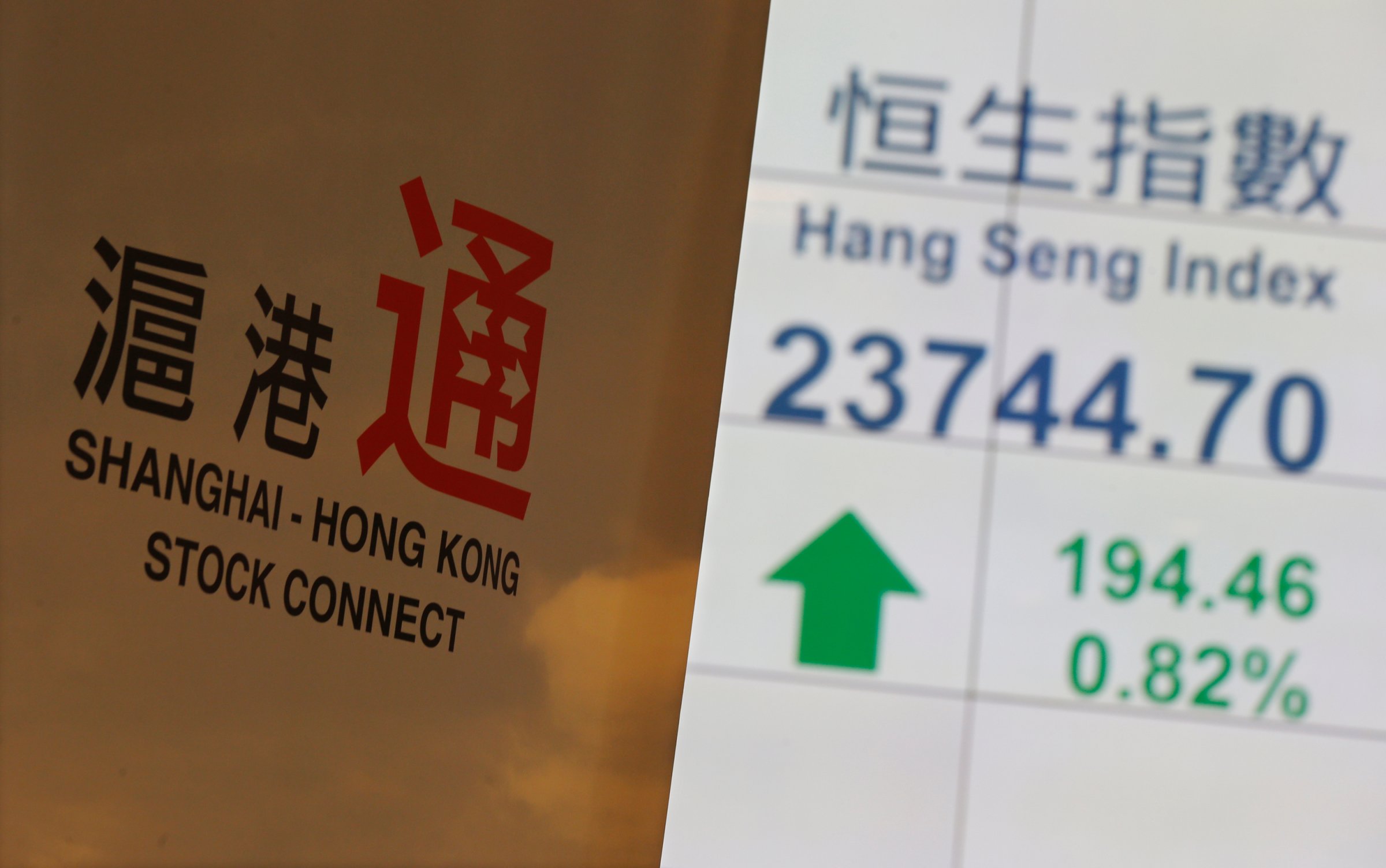 A banner introducing the Shanghai-Hong Kong Stock Connect is displayed in front of a panel showing the closing blue-chip Hang Seng Index at the Hong Kong Stock Exchange in Hong Kong