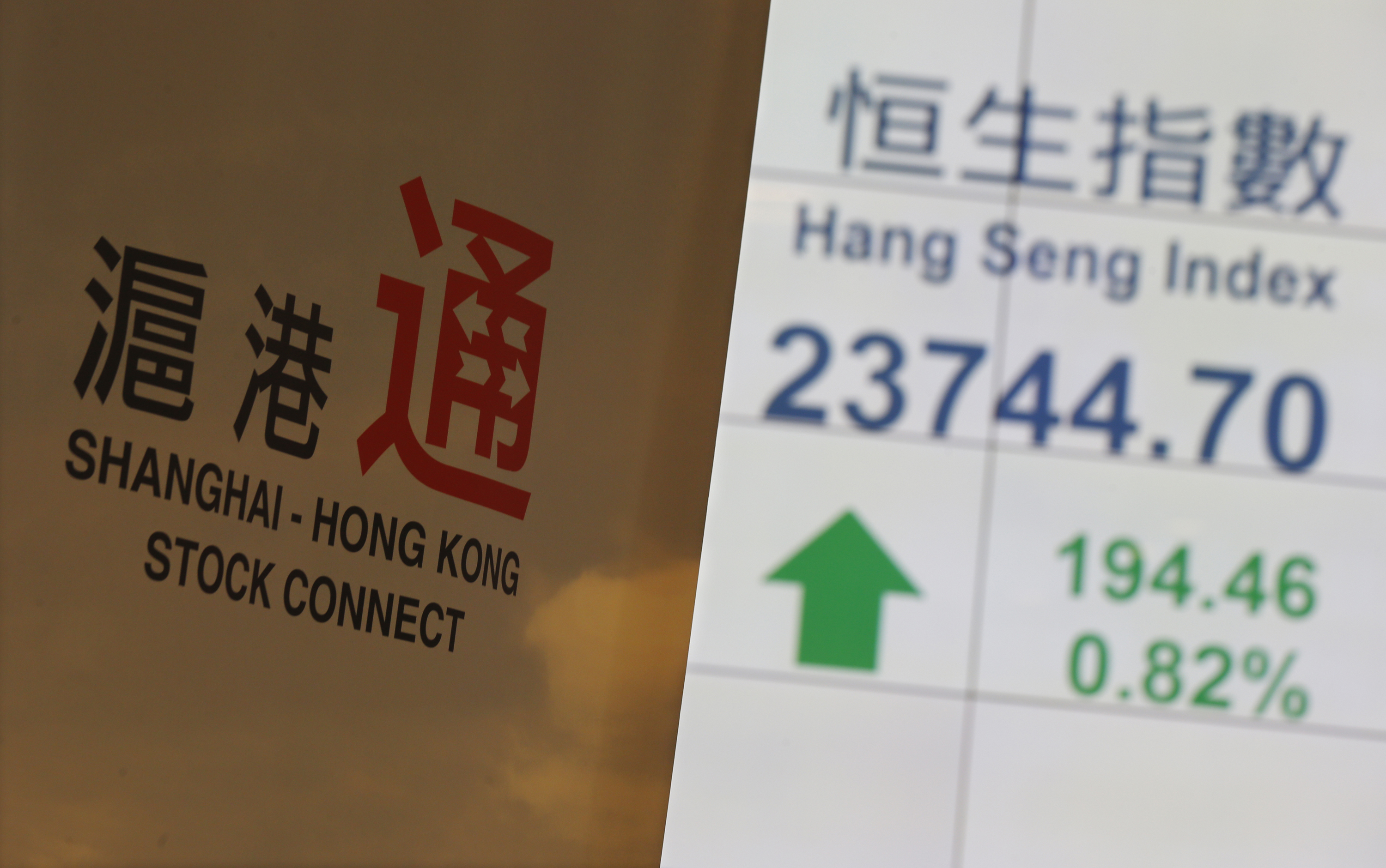 A banner introducing the Shanghai–Hong Kong Stock Connect is displayed in front of a panel showing the closing blue-chip Hang Seng Index at the Hong Kong Stock Exchange in Hong Kong on Nov. 10, 2014 (Bobby Yip—Reuters)