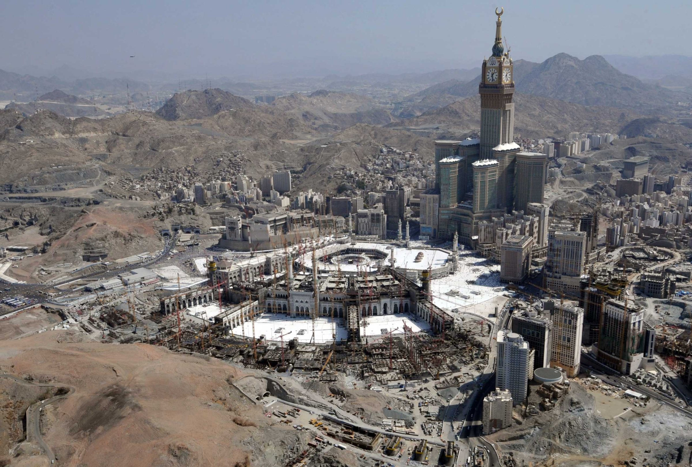 An aerial view shows the Clock Tower, the Grand Mosque, and surrounding constructions sites in the holy city of Mecca, in 2013.