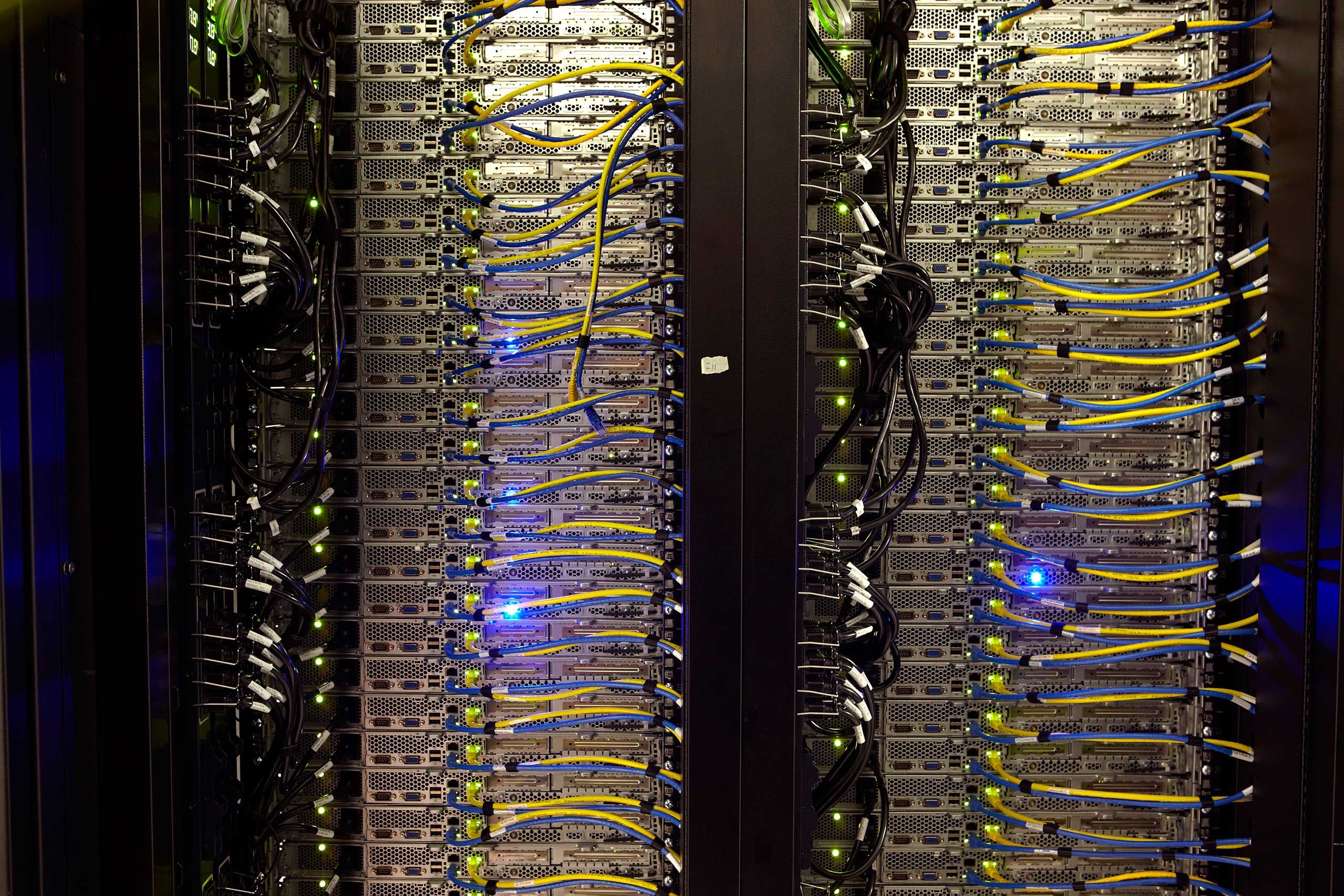 A close up of the servers in two racks.