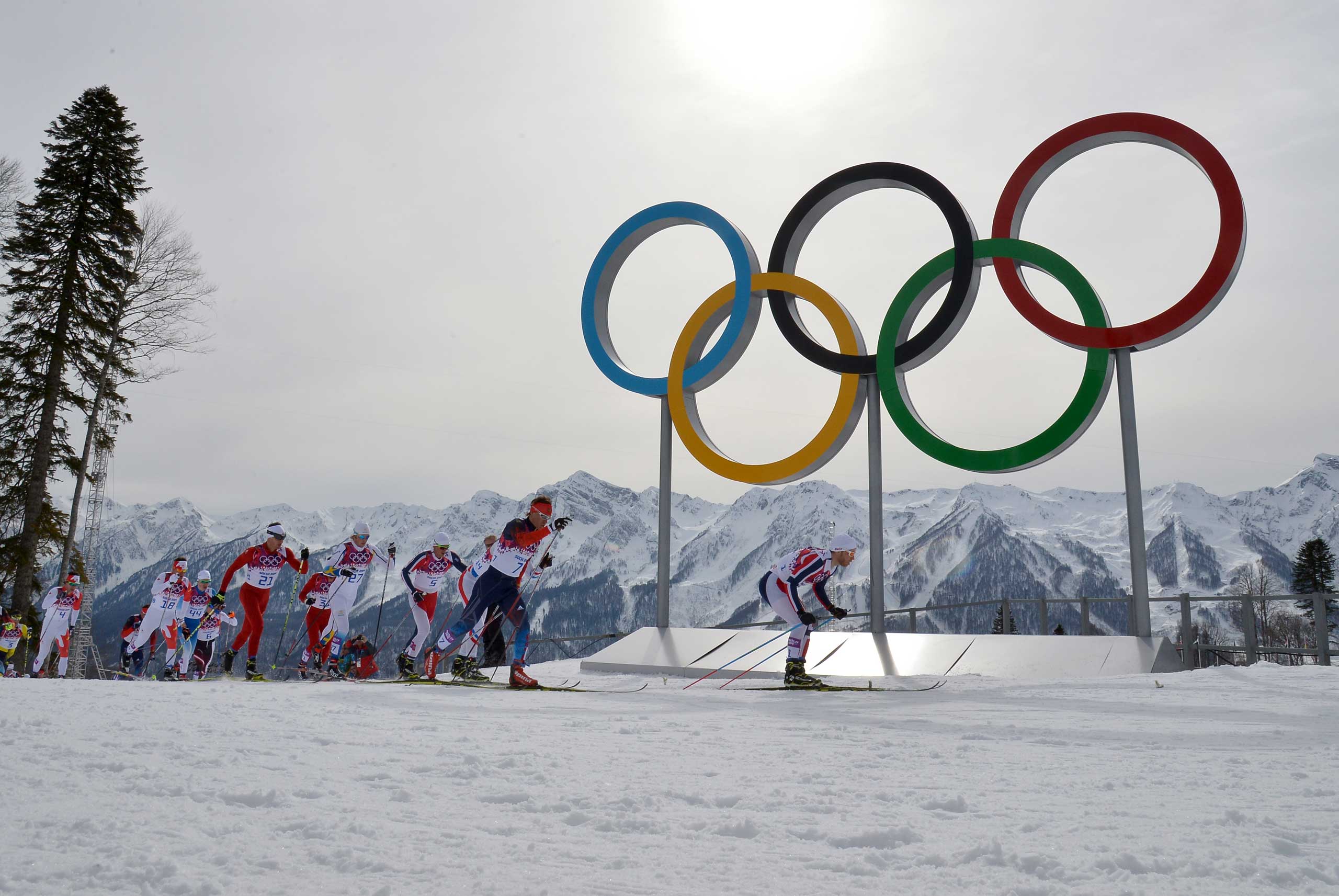 Skiers compete past the Olympic Rings in the Men's Cross-Country Skiing 15km + 15km Skiathlon at the Laura Cross-Country Ski and Biathlon Center during the Sochi Winter Olympics in Russia on Feb. 9, 2014. (Alberto Pizzoli—AFP/Getty Images)
