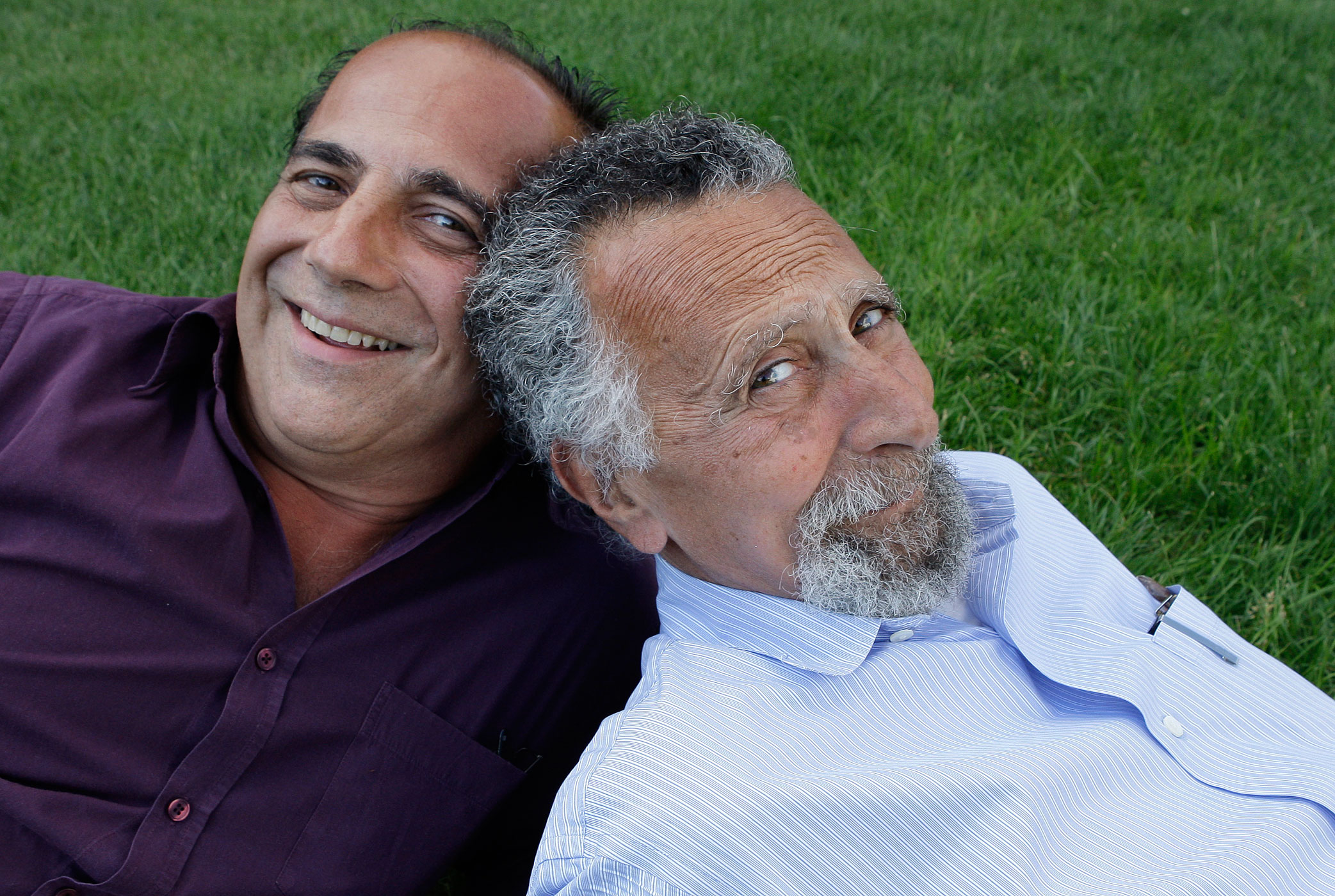 Brothers Ray, left, and Tom Magliozzi, co-hosts of National Public Radio's <i>Car Talk</i>, pose for a photo in Cambridge, Mass on June 19, 2008. (Charles Krupa—AP)