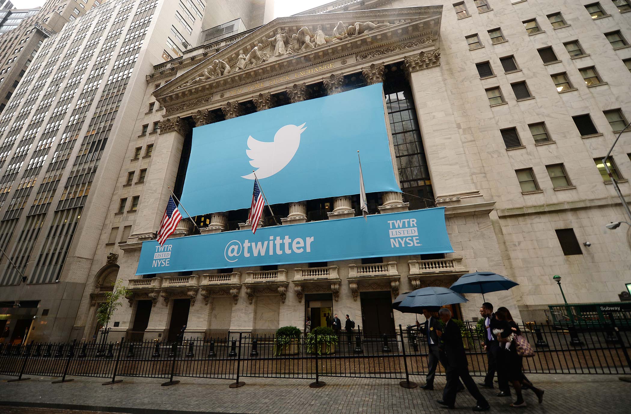 A banner with the logo of Twitter is set on the front of the New York Stock Exchange on November 7, 2013 in New York. (Emmanuel Dunand—AFP/Getty Images)