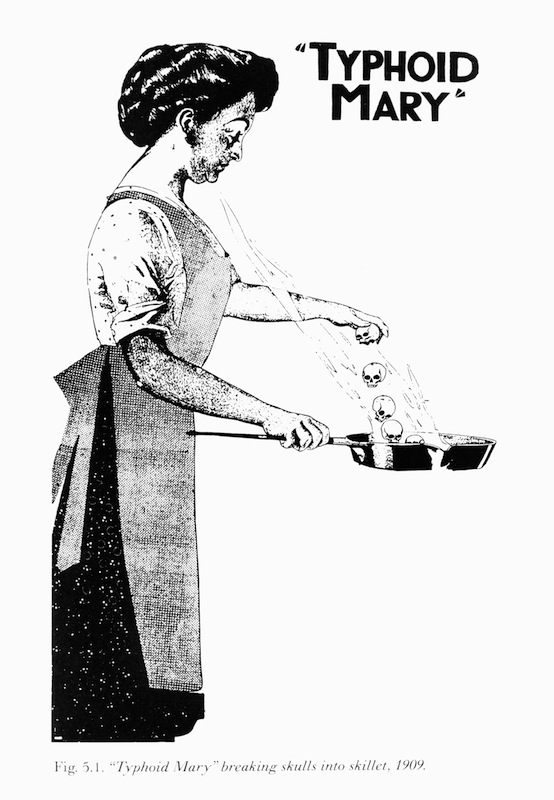 Illustration of 'Typhoid Mary' also known as Mary Mallon breaking skulls into a skillet, circa 1909. (Fotosearch / Getty Images)