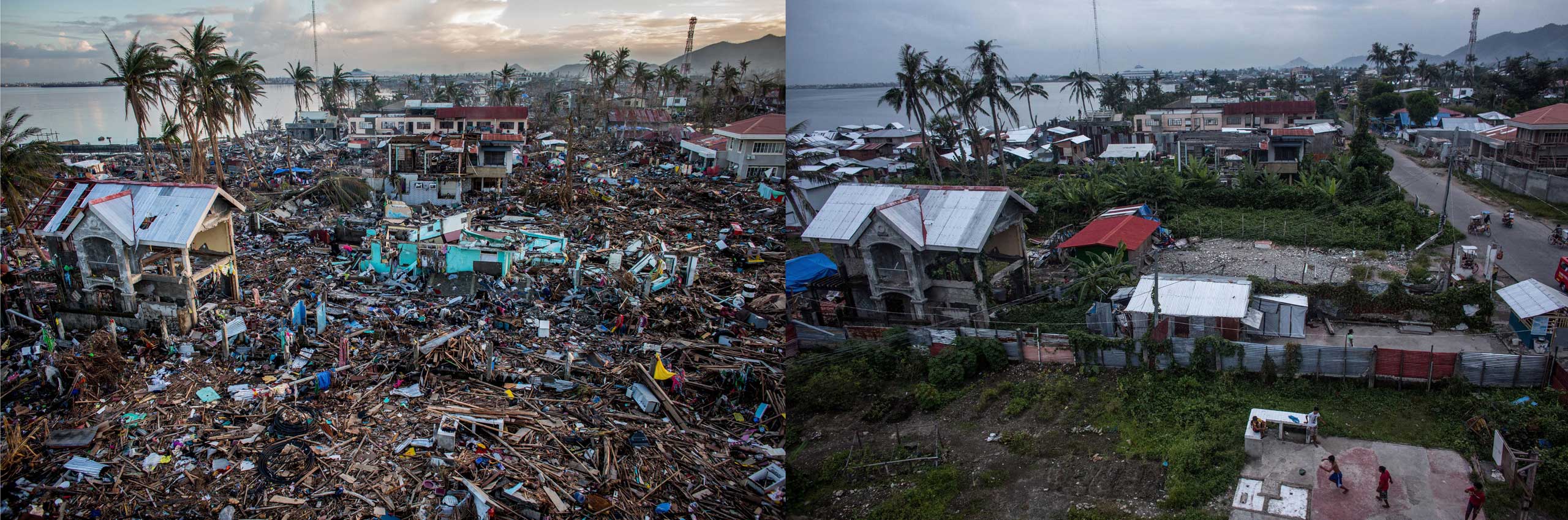 From the series: Supertyphoon Haiyan : See Photos of Tacloban Then and Now Before: A general view of the destroyed coastline in Tacloban City on Nov. 17, 2013 in Leyte, Philippines.After: View overlooking Magallanes district one year after Typhoon Haiyan on Nov. 4, 2014.