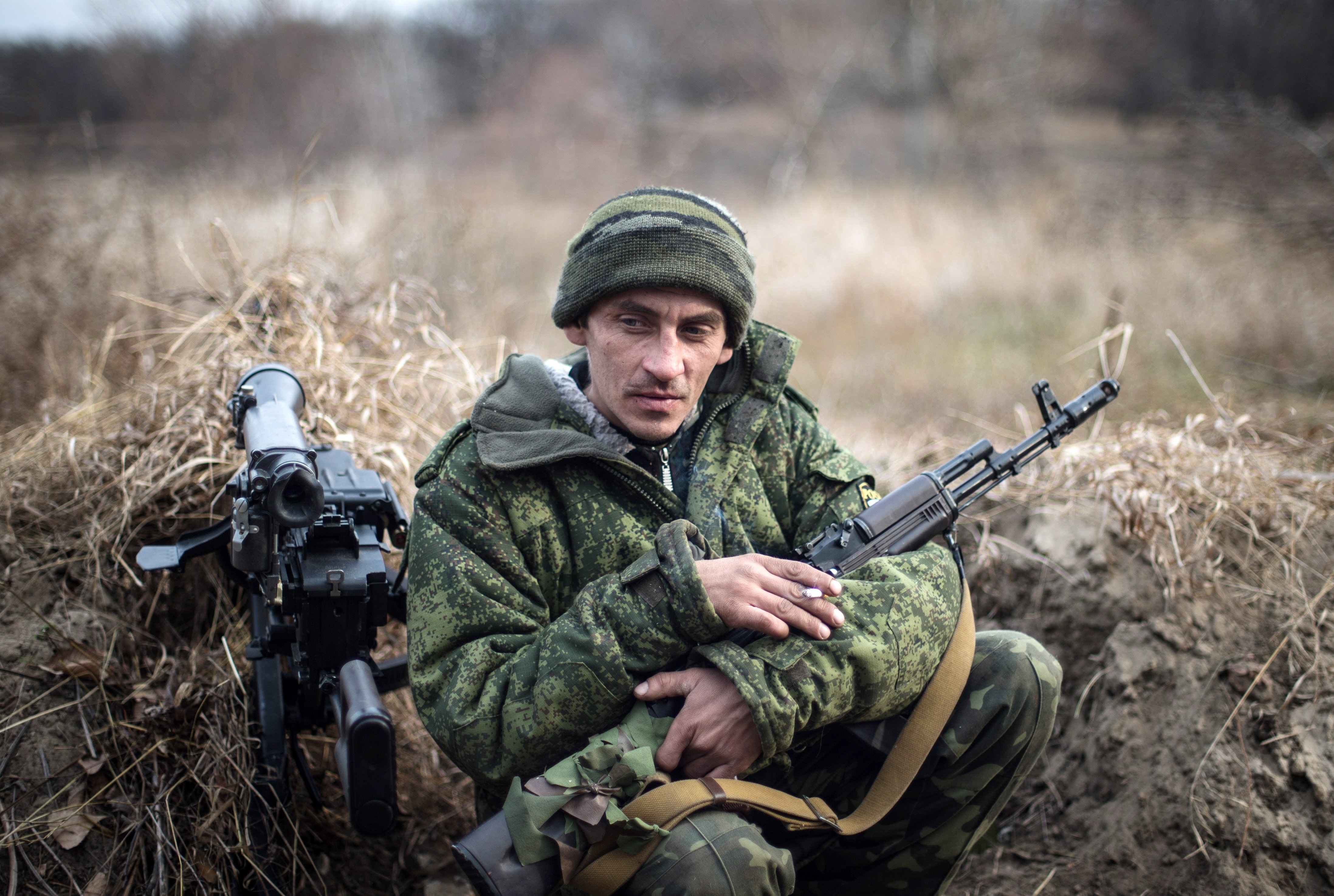 A man of the Don battalion Lugansk People's Republic militia on the firing line on the Seversky Donets River on Nov. 18, 2014.
