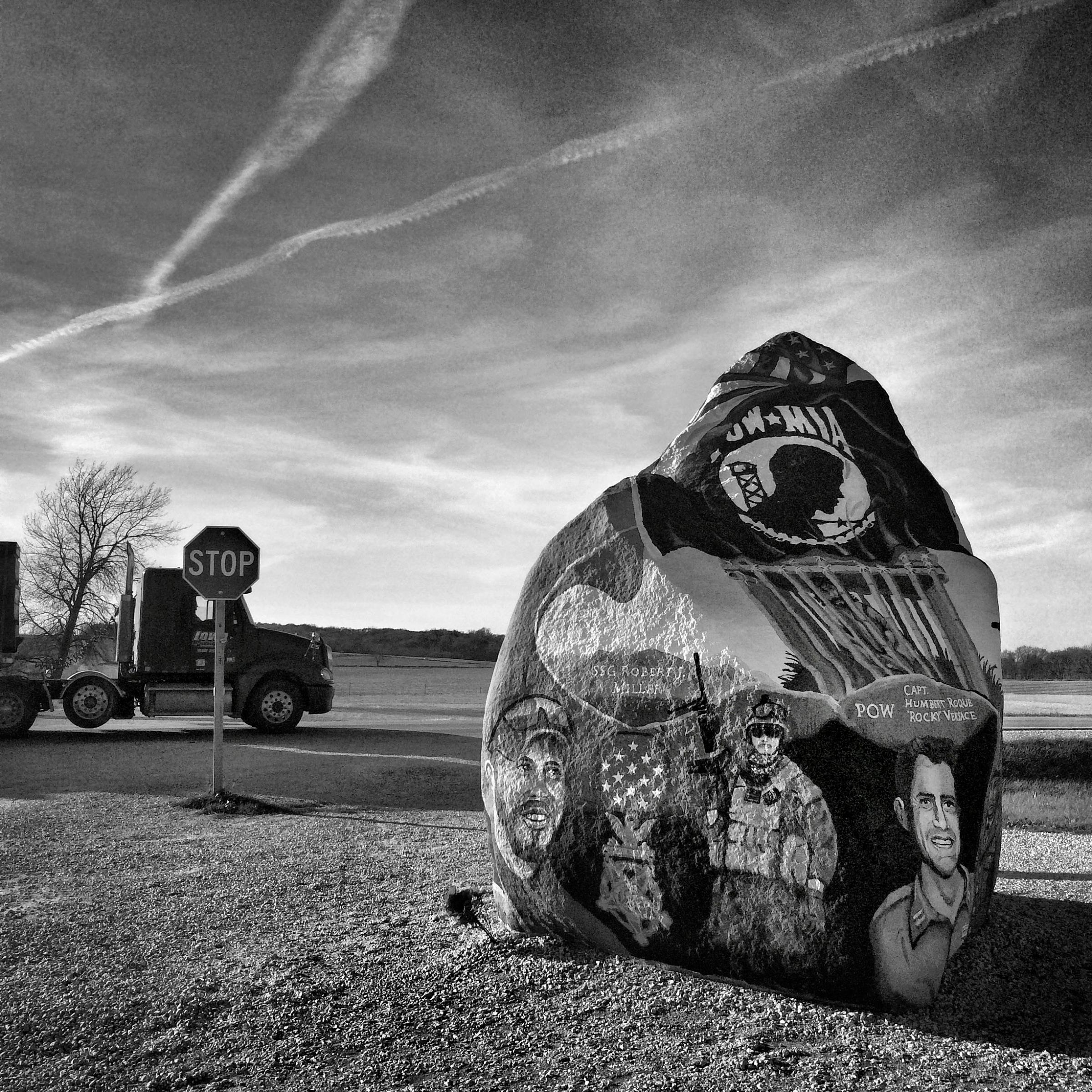 The "Freedom Rock" sits along a county road between Menlo and Greenfield, Iowa just south of Interstate 35 on Nov. 2, 2014. It's repainted every year by mural artist Ray "Bubba" Sorensen II with a different memorial message and a "Thank You" dedicated to U.S. Veterans.