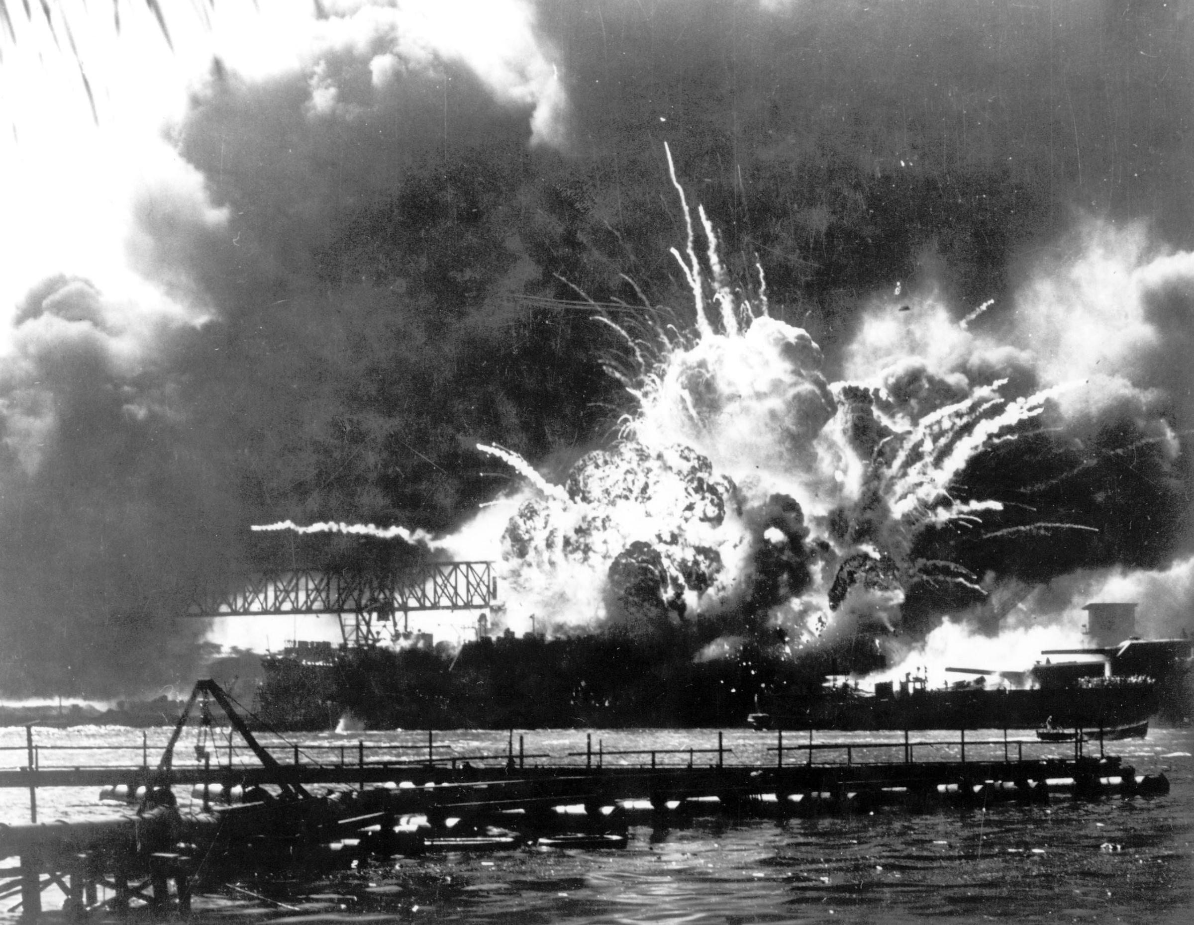 The destroyer USS Shaw explodes after being hit by bombs during the Japanese surprise attack on Pearl Harbor on Dec. 7, 1941.