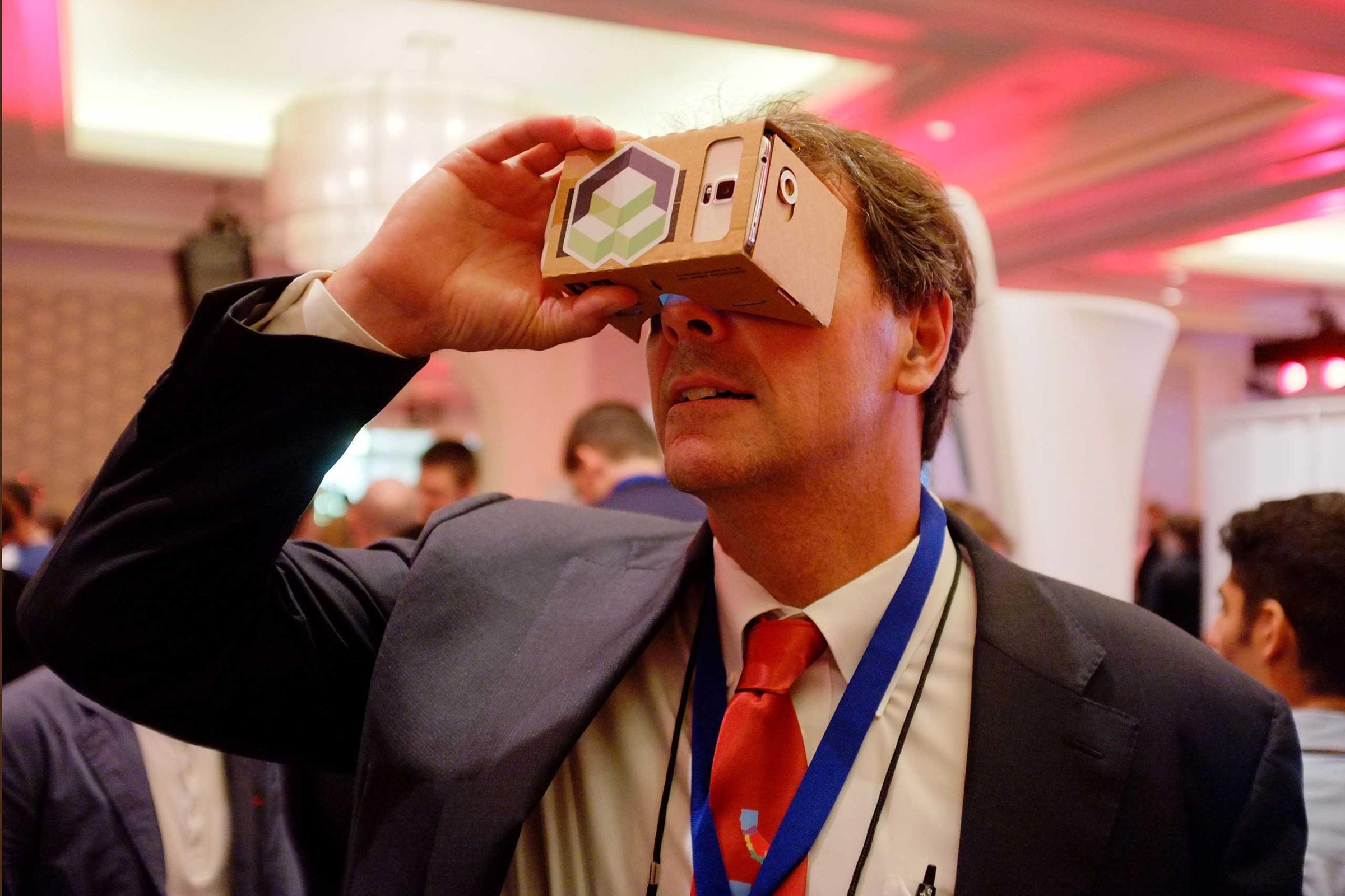 Tim Draper, Founder and Managing partner of 'Draper Fisher Jurvetson', tried out the latest in virtual reality technology the 2014 Kairos Global Summit at Ritz-Carlton Laguna Nigel in Dana Point, California.