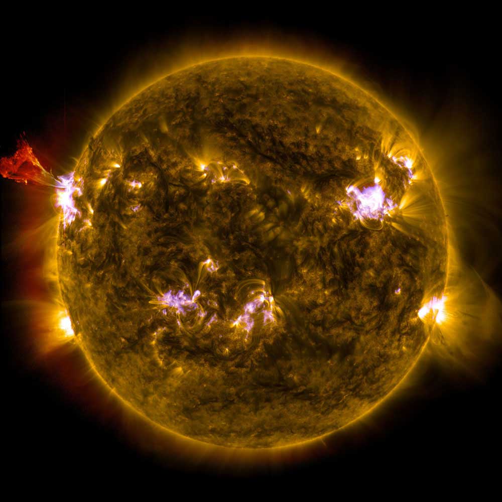 A burst of material leaps off the left side of the sun in what’s known as a prominence eruption. This image combines three images from NASA’s Solar Dynamics Observatory captured on May 3, 2013, at 1:45 pm EDT.