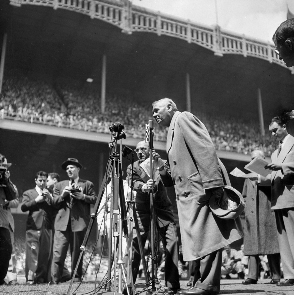 An ailing Babe Ruth addresses the crowd at Yankee Stadium on "Babe Ruth Day," 1947.