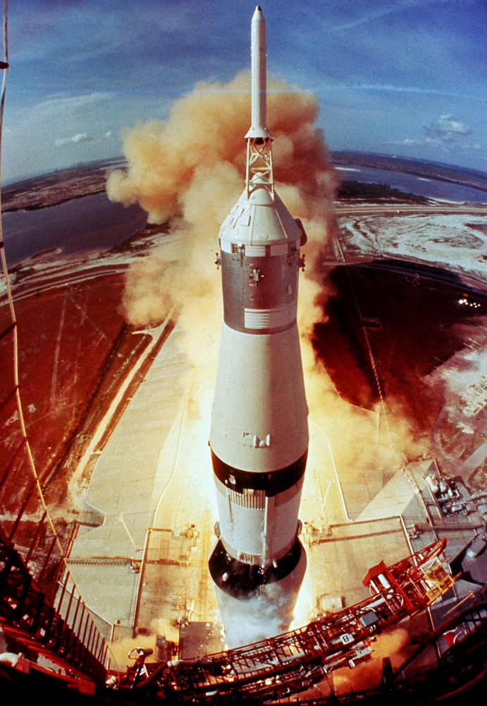 Apollo 11 lifts off on its historic flight to the moon, 1969.