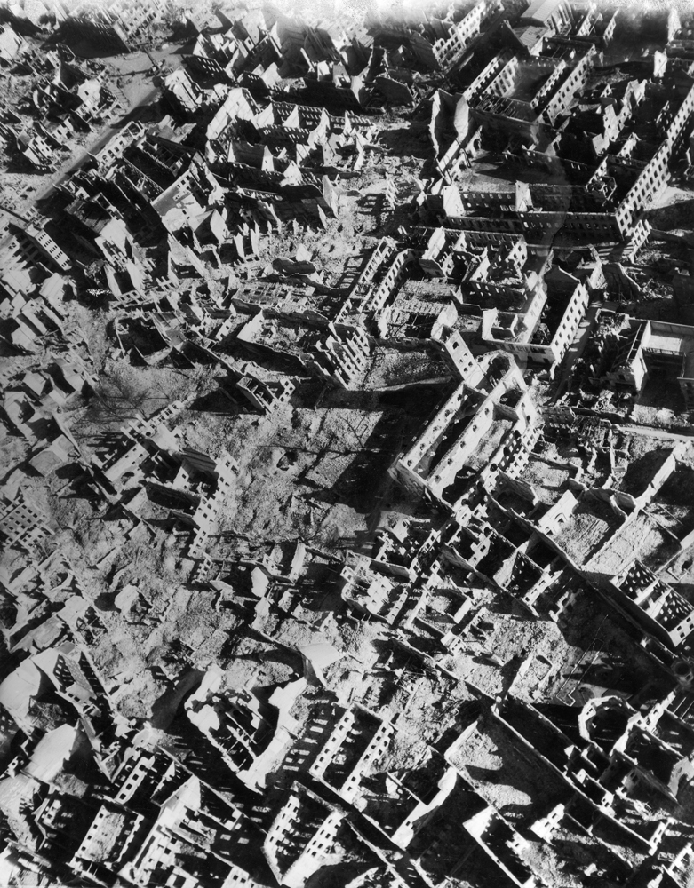 Mainz, not far from Frankfurt, Germany, after Allied bombing, 1945.