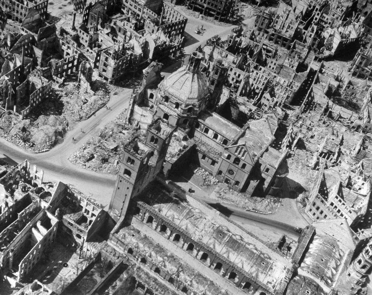 Aerial view of bomb-damaged churches in the center of Wurzburg, northern Bavaria, 1945.