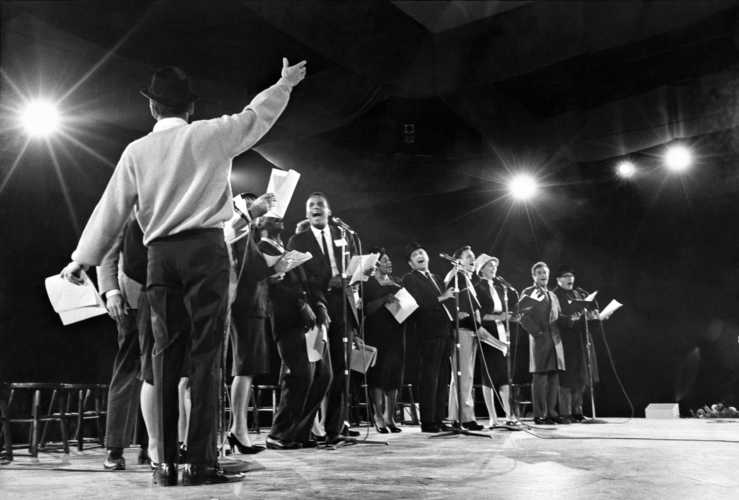 Frank Sinatra leading his gang of performers in rehearsal for JFK's Inaugural Gala, 1961.