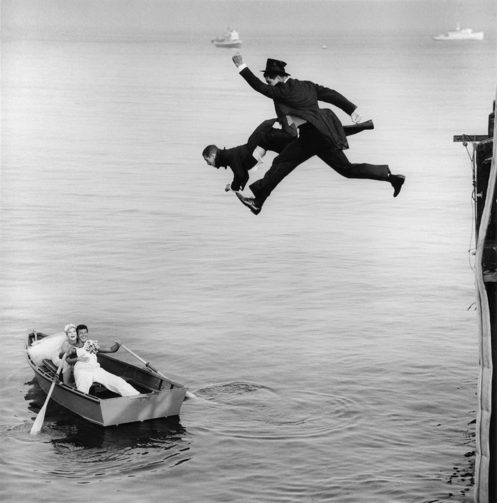 Stuntmen parody of old-time movie shoot for LIFE Magazine, 1960s.