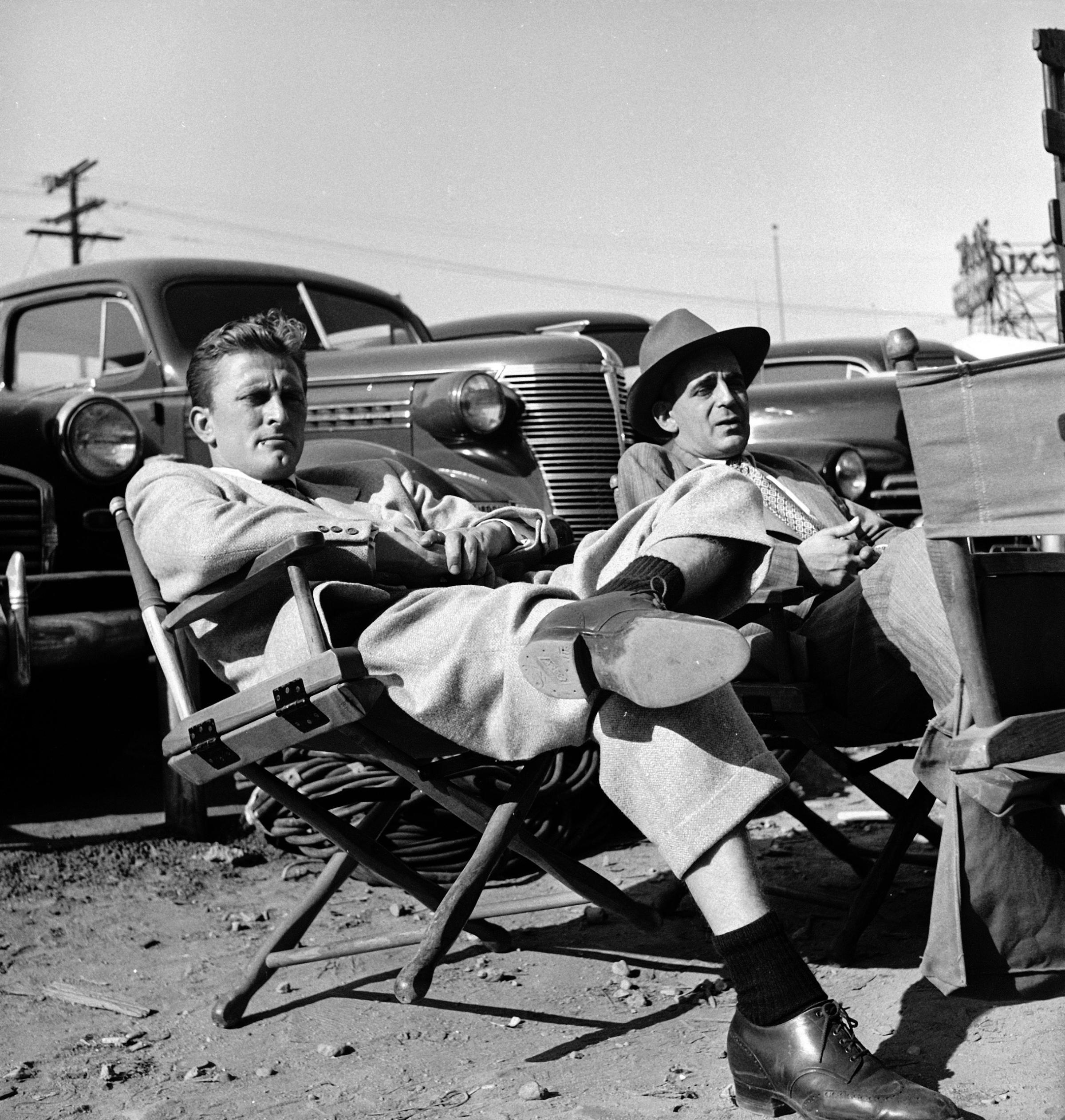 Kirk Douglas and the great character actor Paul Stewart on the set of the 1949 film, "Champion."