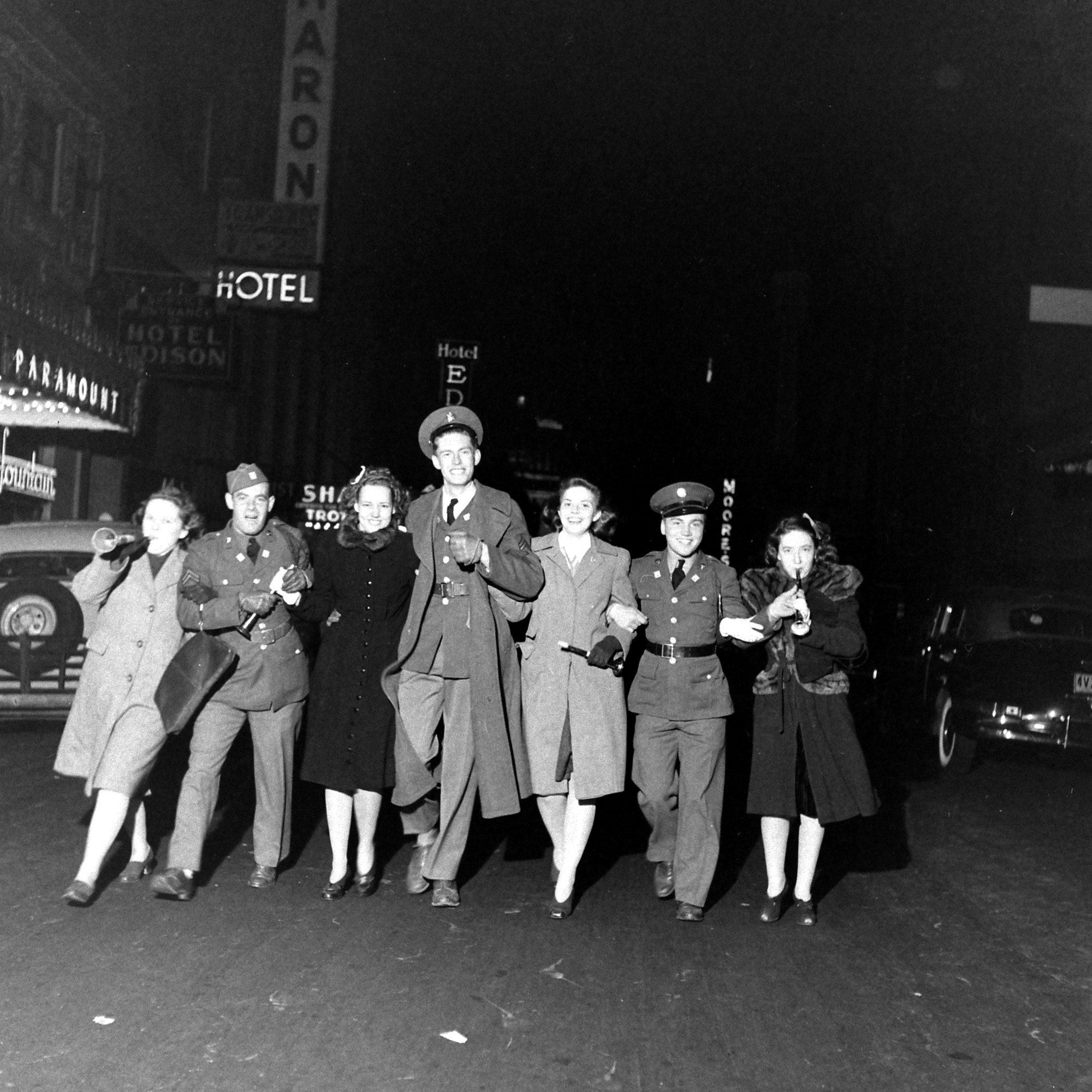 Partiers in New York City on New Year's Eve, as 1941 turns to 1942.
