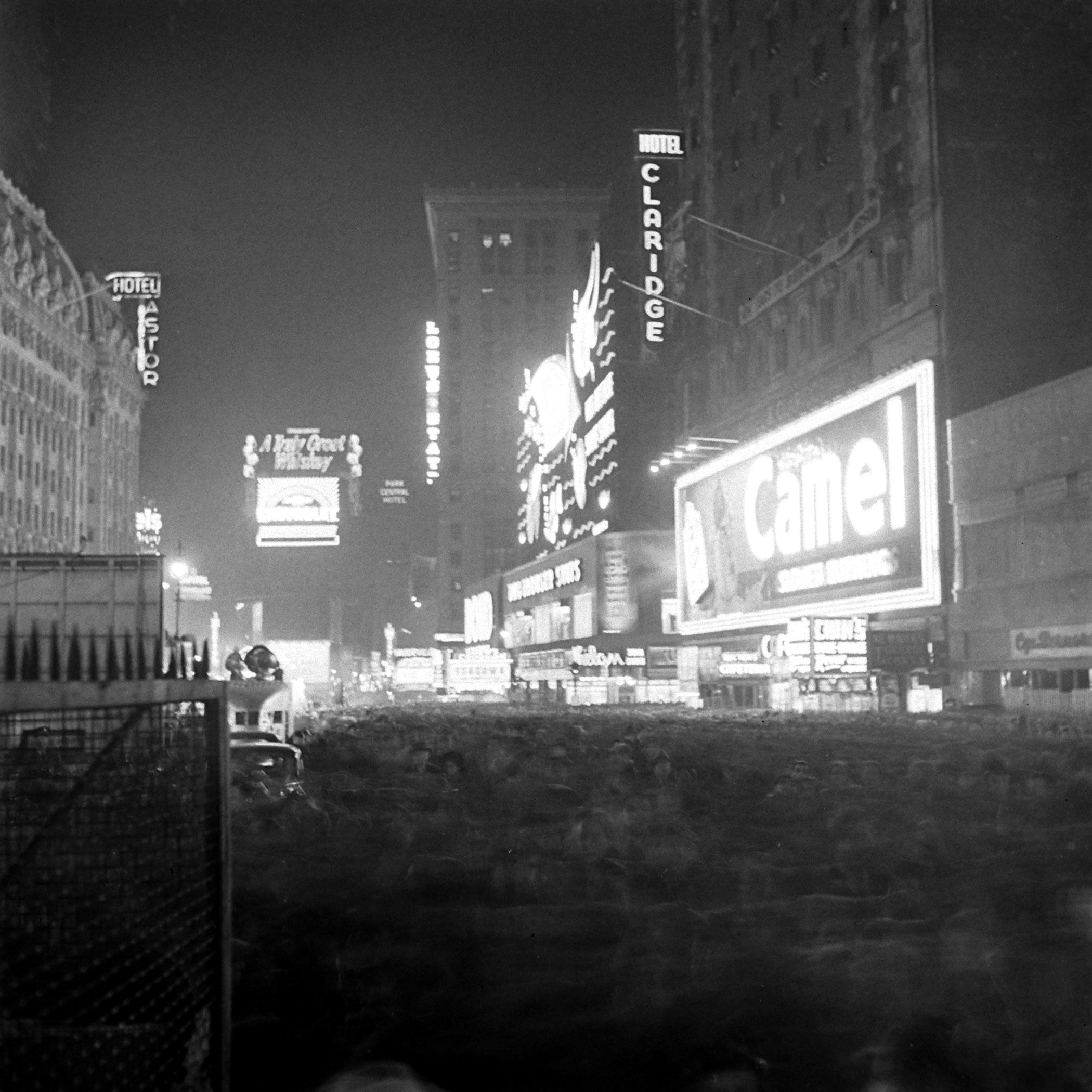Times Square in New York City on New Year's Eve, as 1941 turns to 1942.