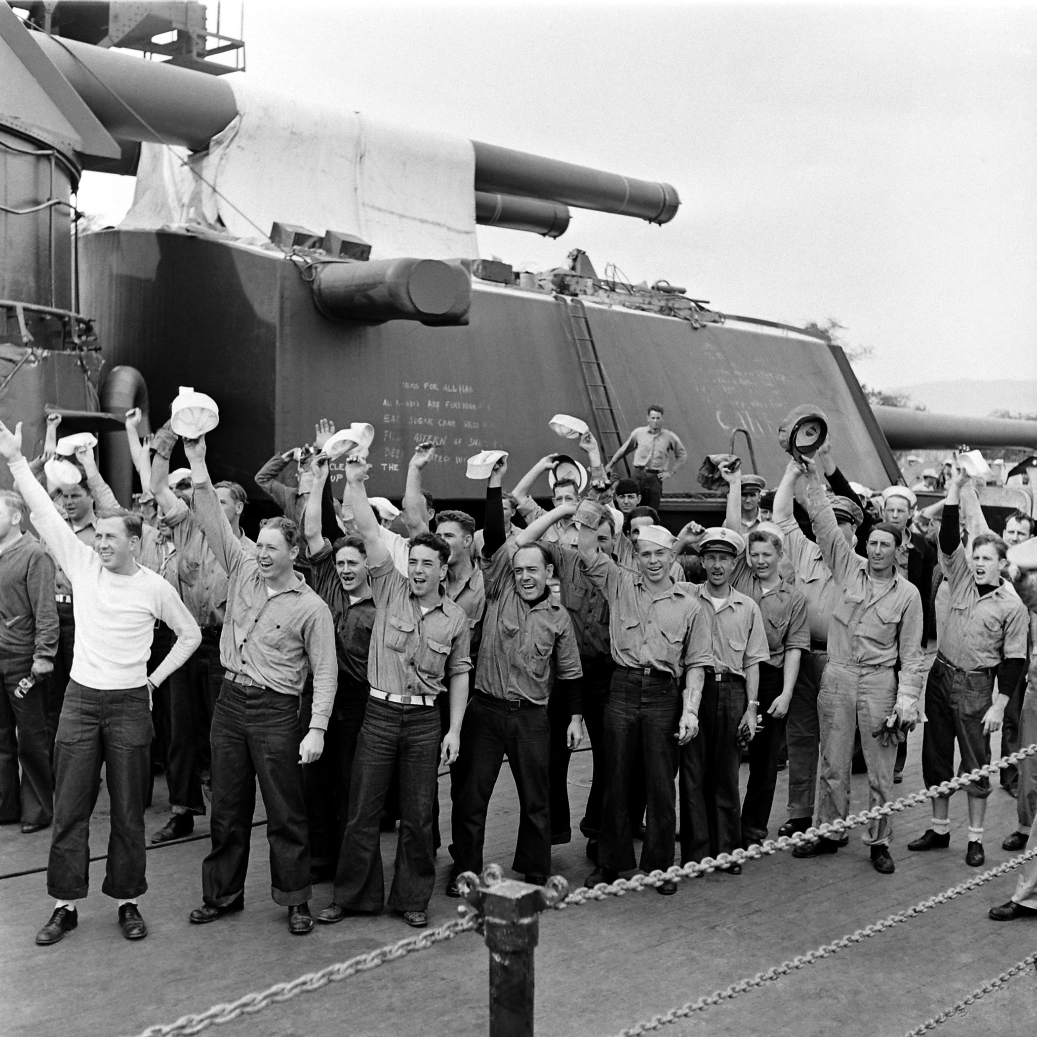An American warship's crew shows its spirit, Pearl Harbor, early 1942.