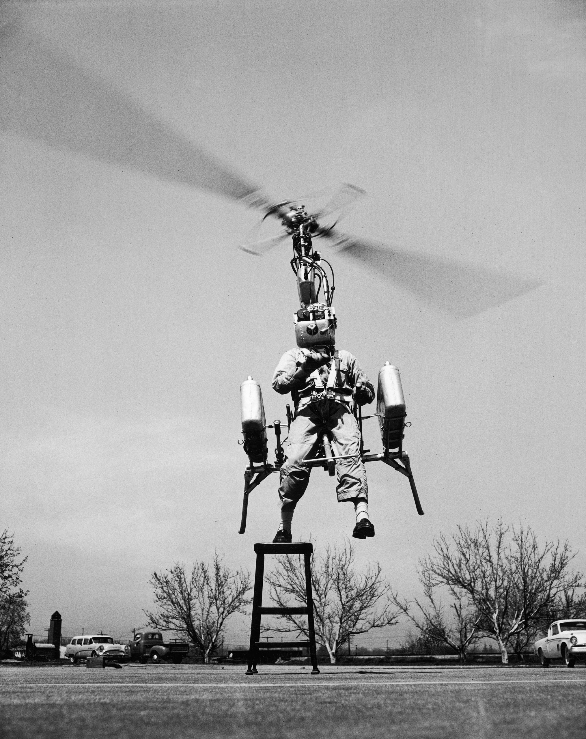 Test flight of the "strap-on" helicopter, 1957.