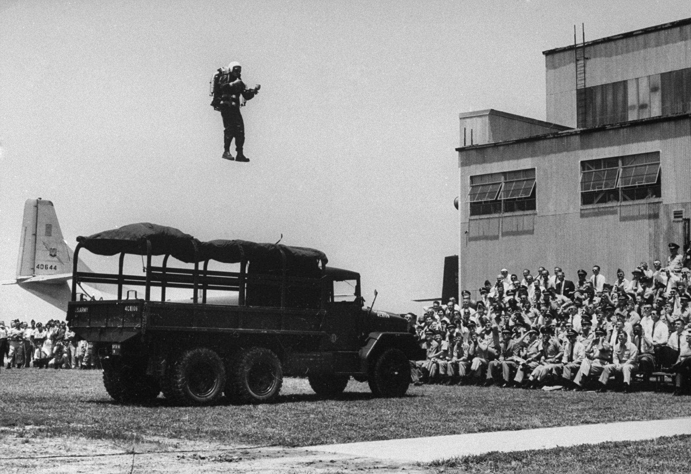 Bell engineer Harold Graham demonstrating the "Rocket Belt" at Fort Bragg in 1961.
