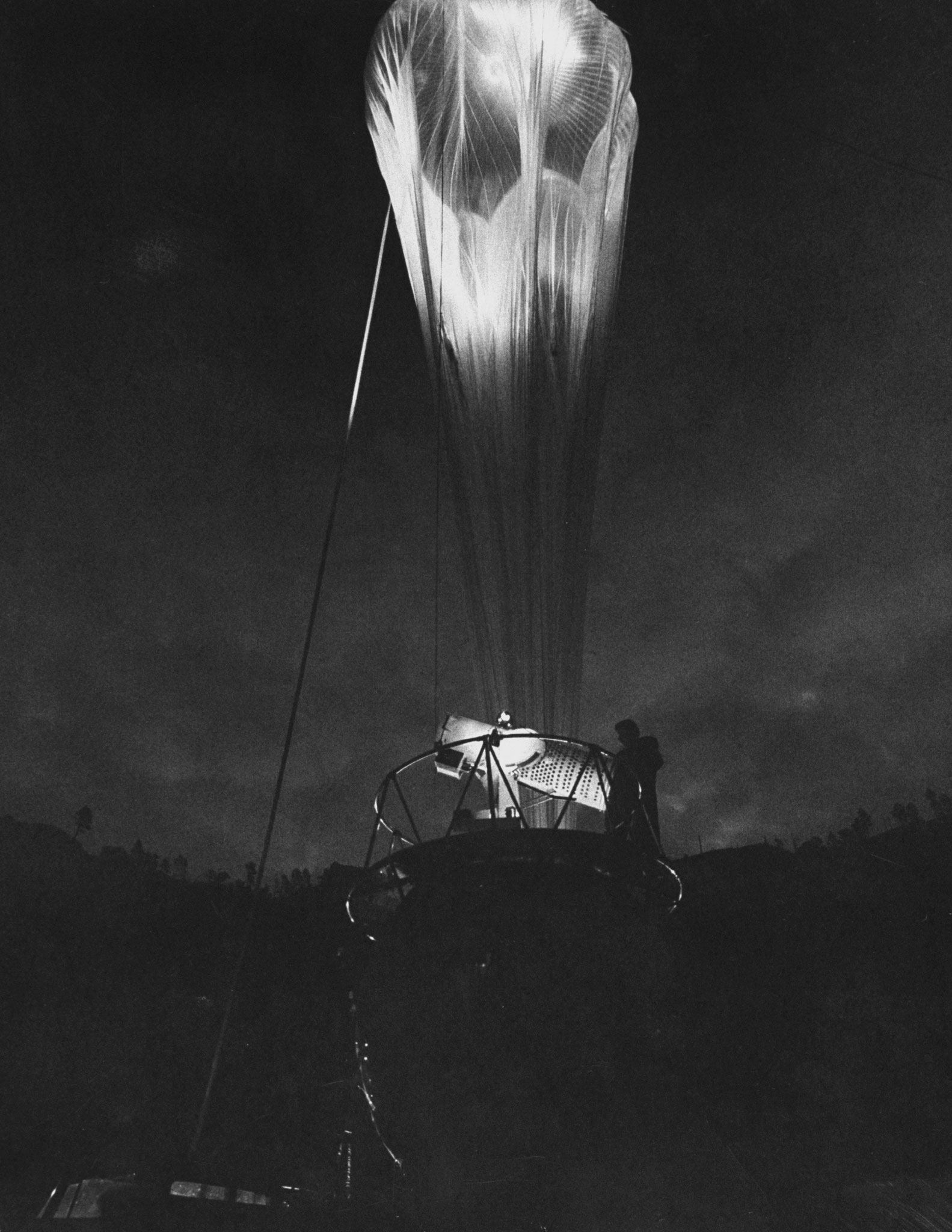 Balloon being inflated in preparation for high-altitude ascent, 1959.