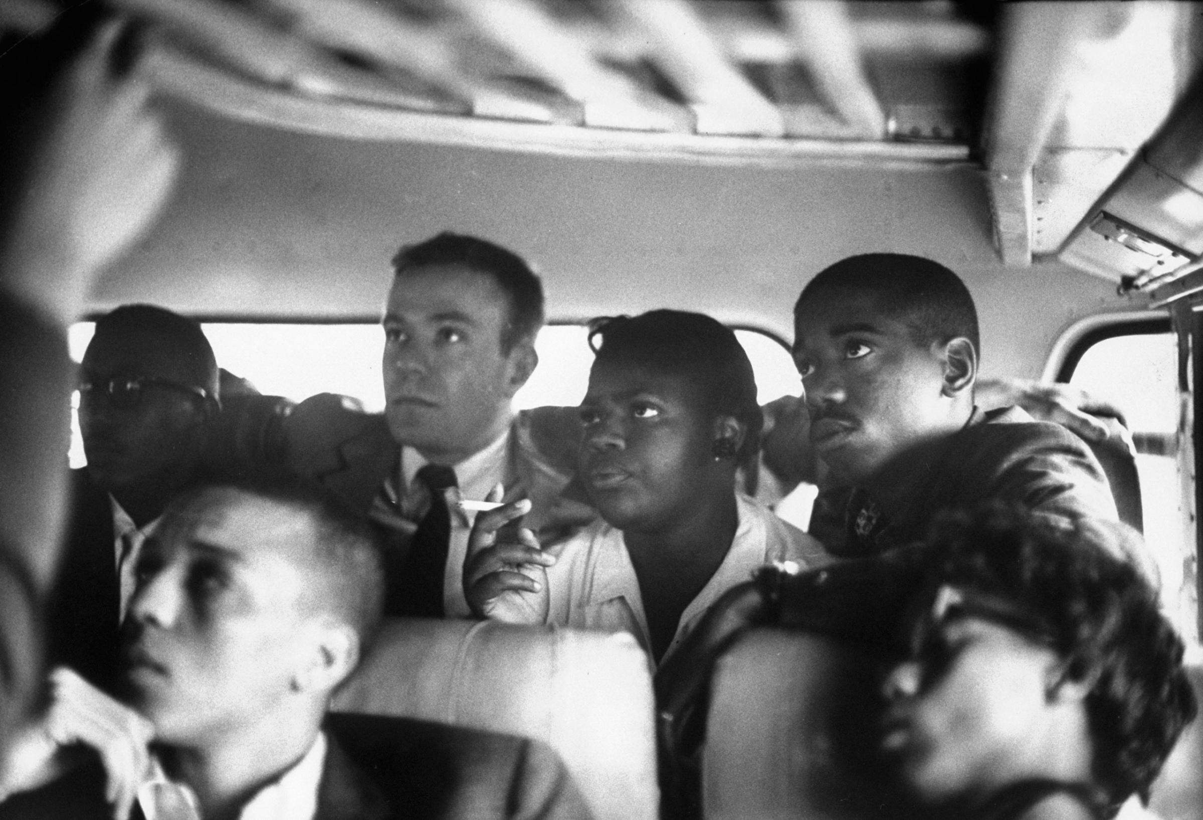 Freedom riders on a bus in the Deep South.