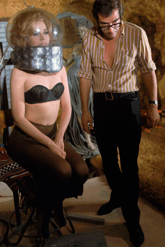 Jane Fonda and her husband, the director Roger Vadim, on the set of Barbarella, 1968.