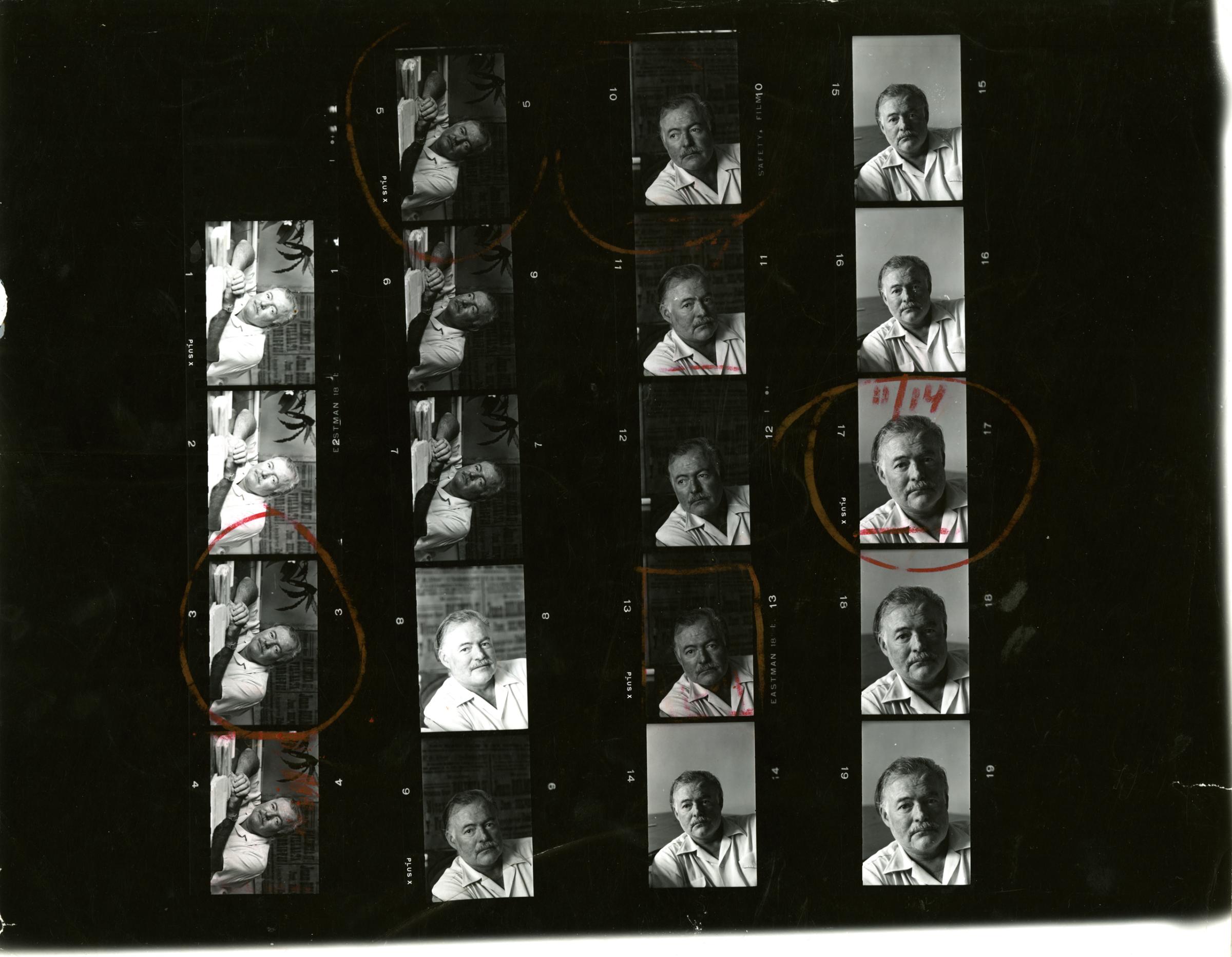 A contact sheet of Alfred Eisenstaedt's pictures of Ernest Hemingway in Cuba, August 1952.